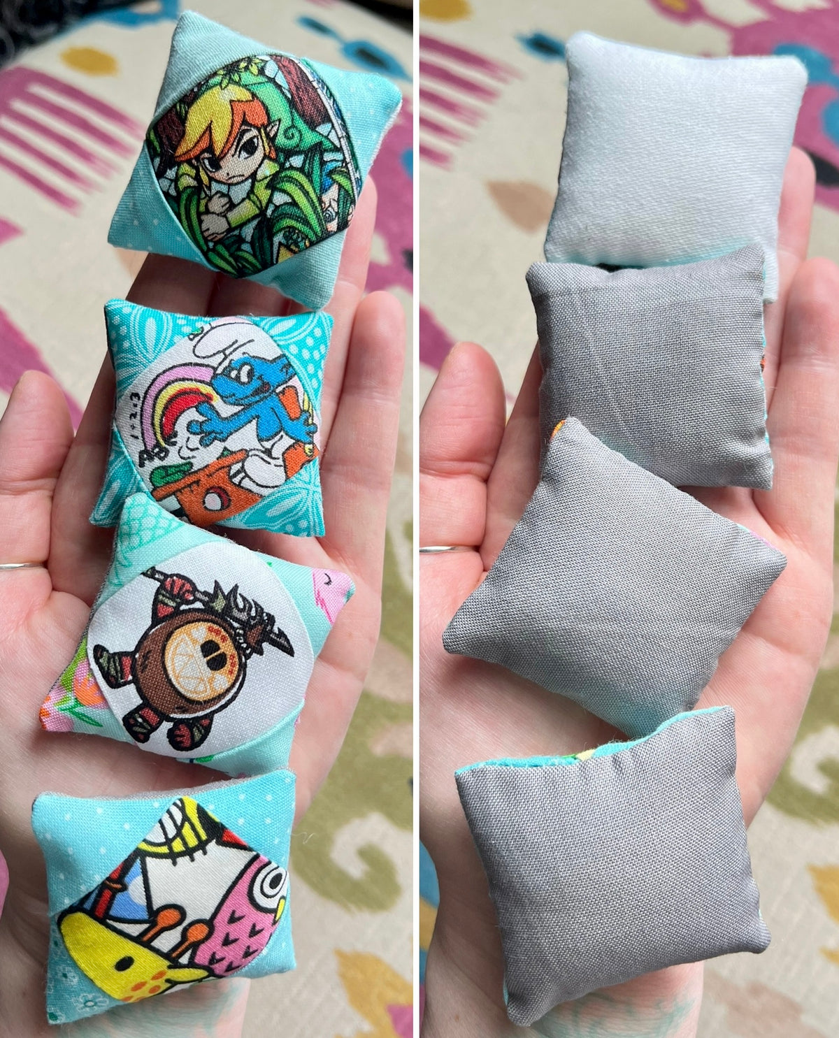 Miniature pillows with cartoon characters held in hands on a colorful background