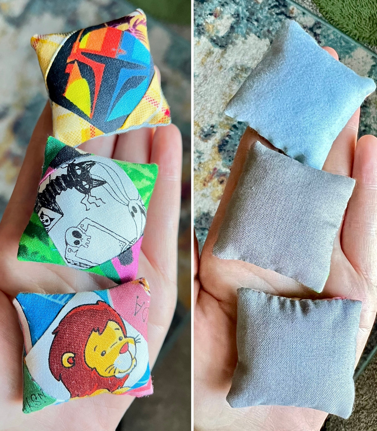 Colorful fabric square doll pillows held in hands with plain gray fabric squares on a marble surface.