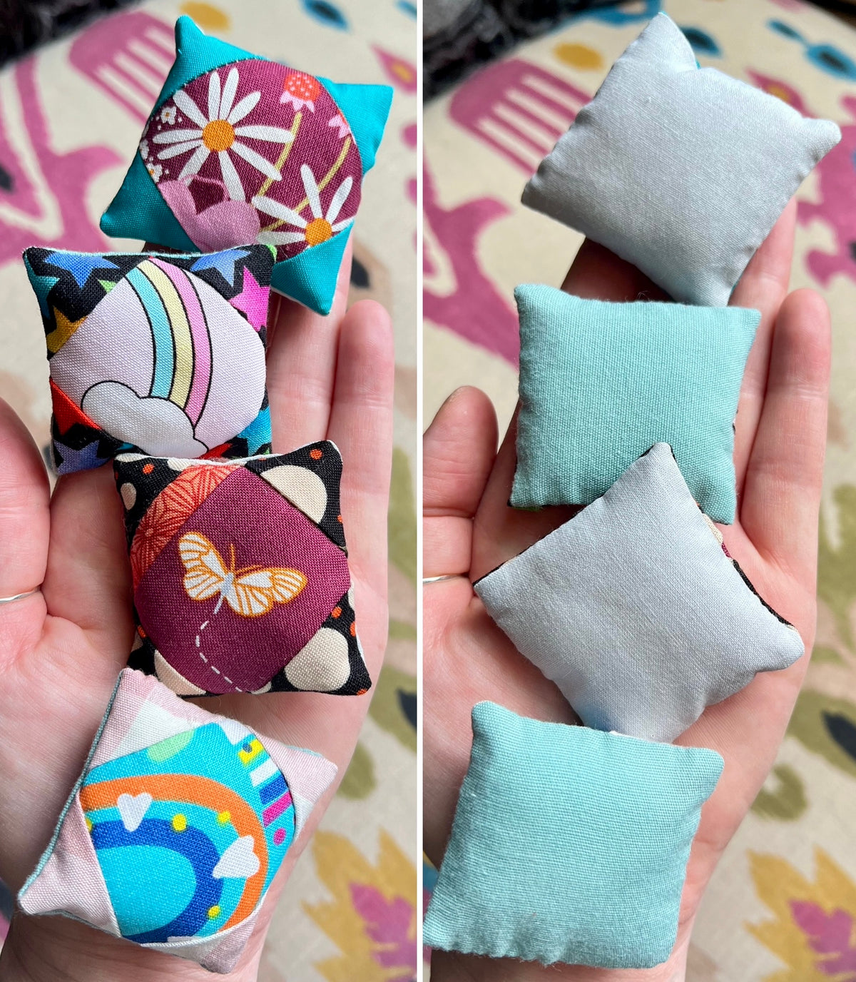 Small fabric doll pillows in various colors held in hands against a colorful background