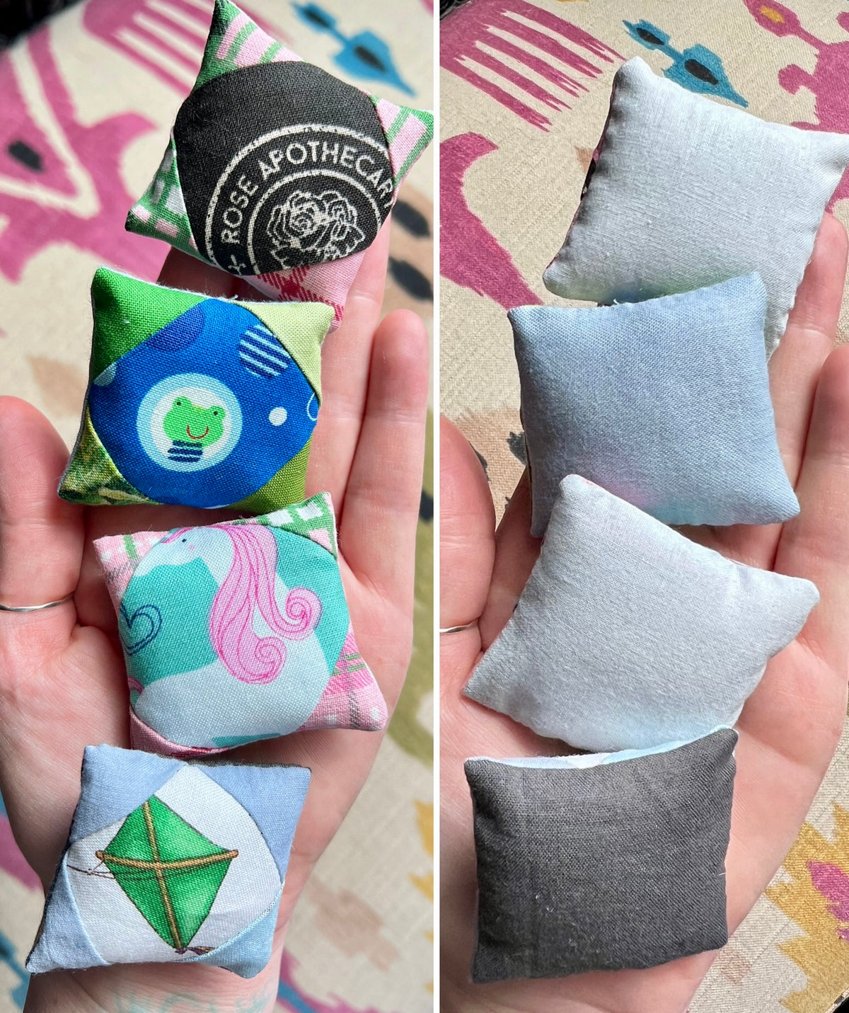 Small fabric pillows with various designs held in hands on a colorful background