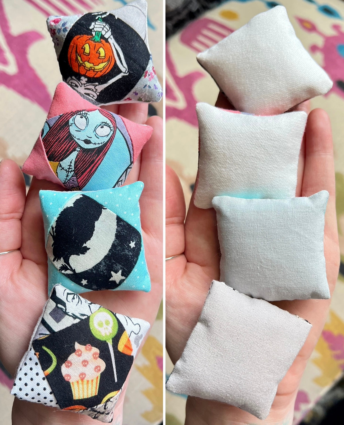 Small fabric doll pillows held in hands with various designs on a colorful background