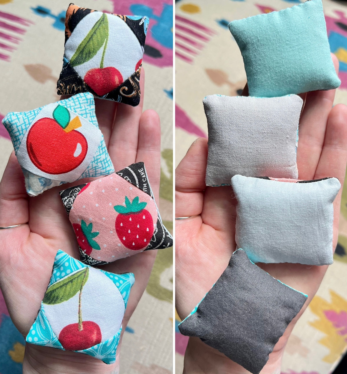 Small fabric doll pillows with various designs held in hands against a colorful background.