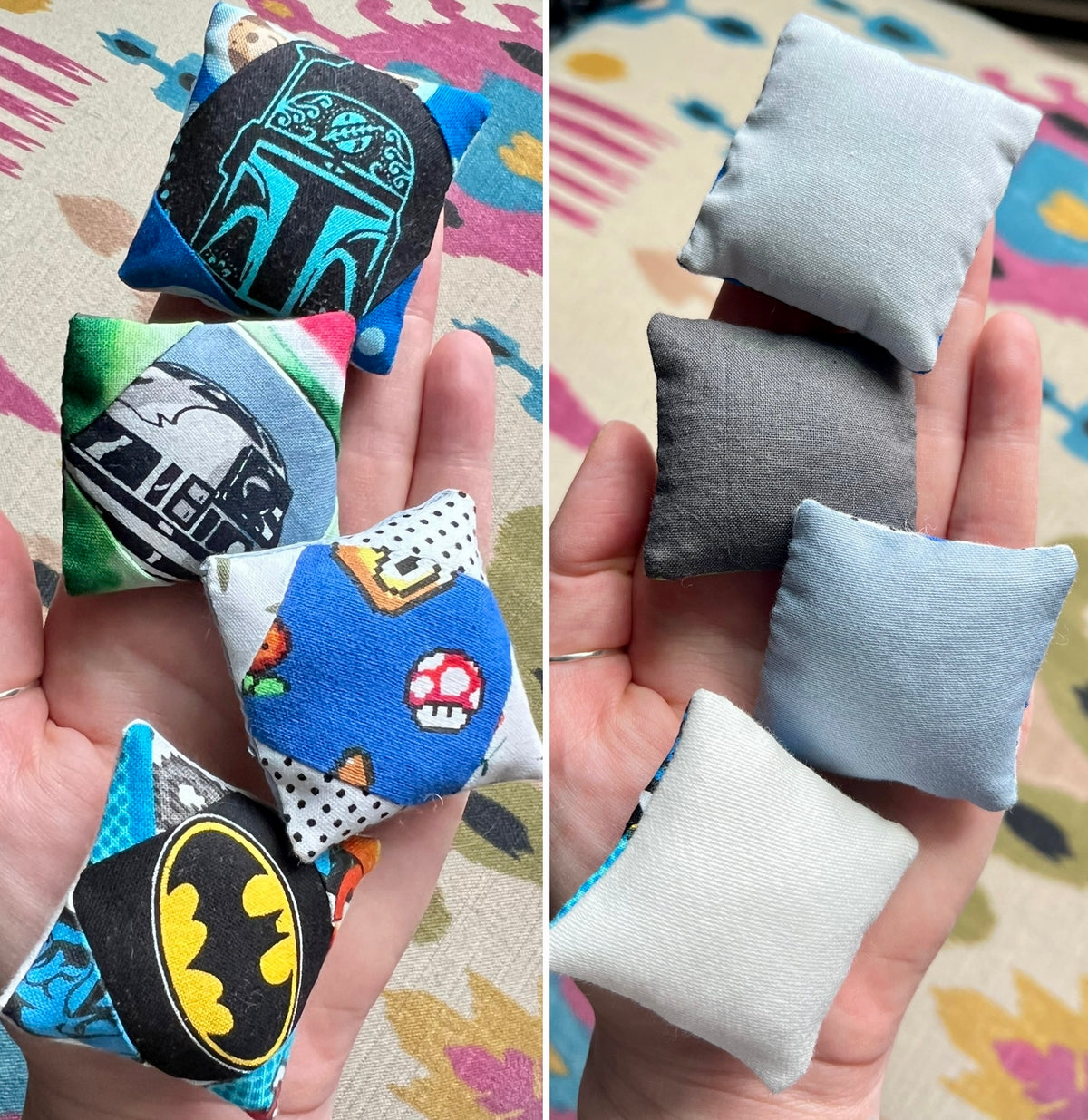 Small fabric doll pillows held in hands against a colorful background