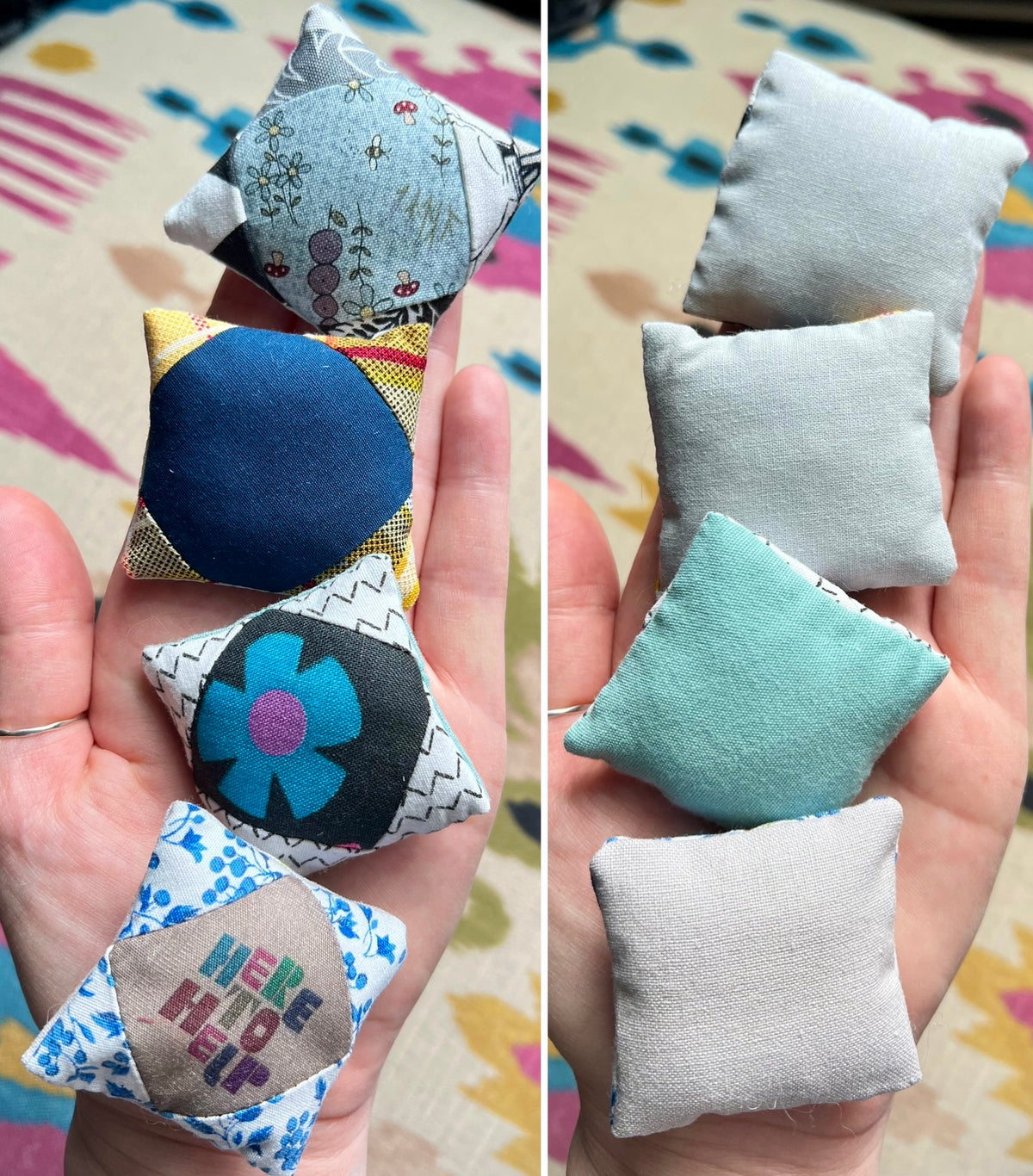 Small fabric pillows held in a hand with colorful background