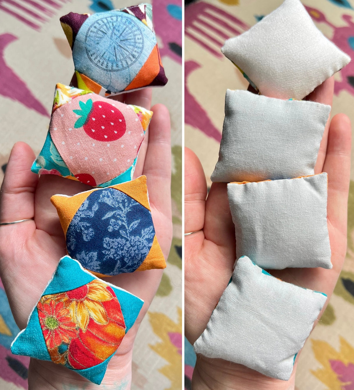 Colorful fabric pillows held in hands with plain gray pillows on a different background
