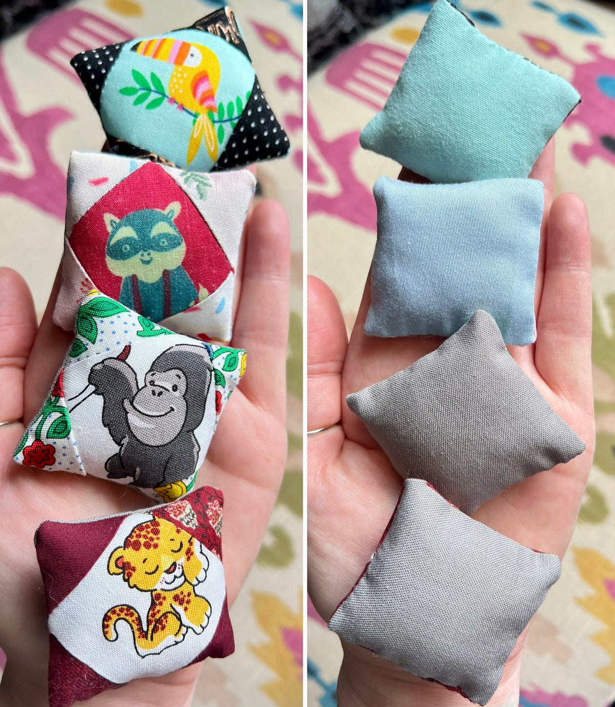 Small fabric doll pillows with animal prints held in hands, followed by plain gray and blue pillows.