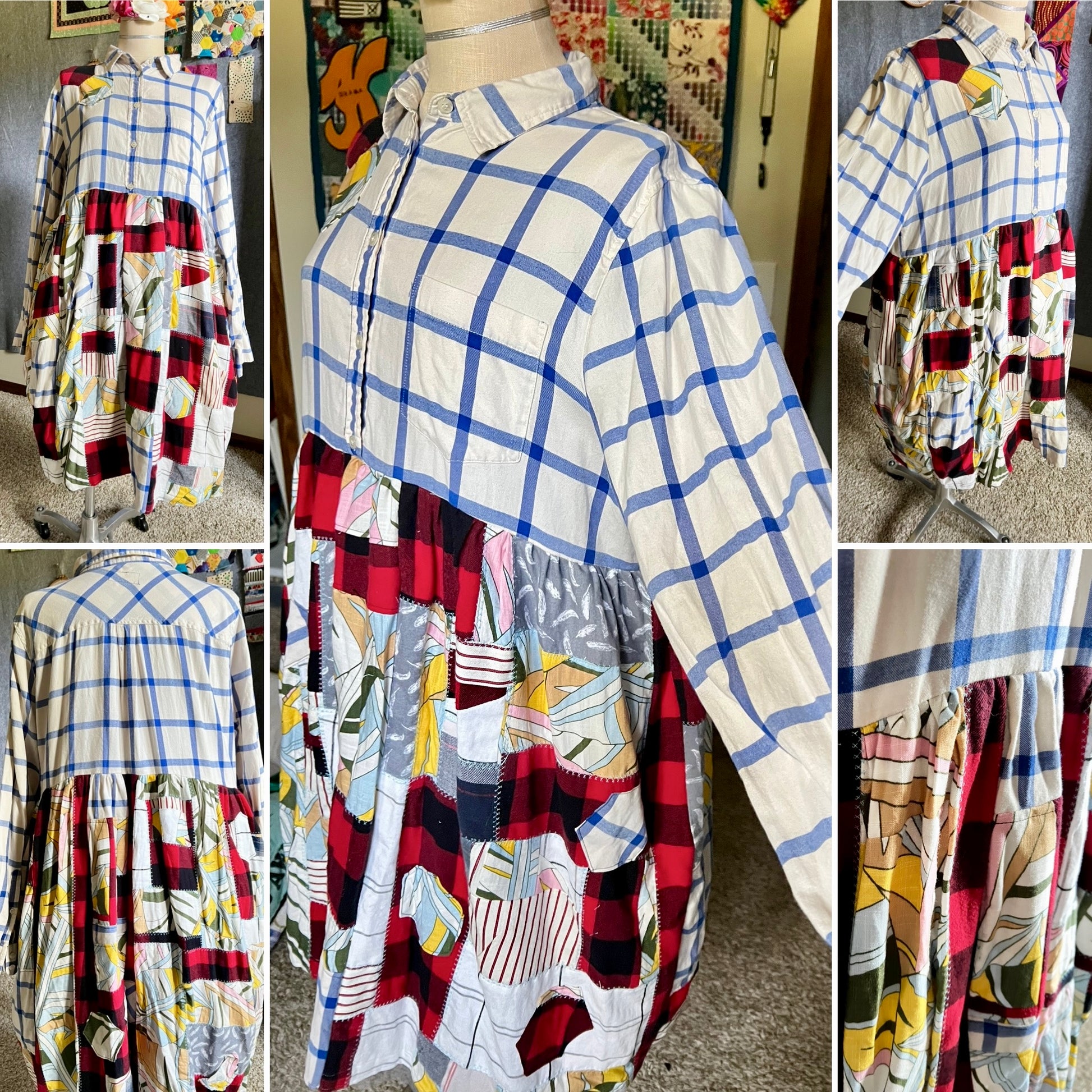 A collage of six views showing a long-sleeve dress on a mannequin indoors. The dress has a blue and white plaid bodice and a patchwork skirt with red, yellow, black, white, and gray floral and geometric fabrics.