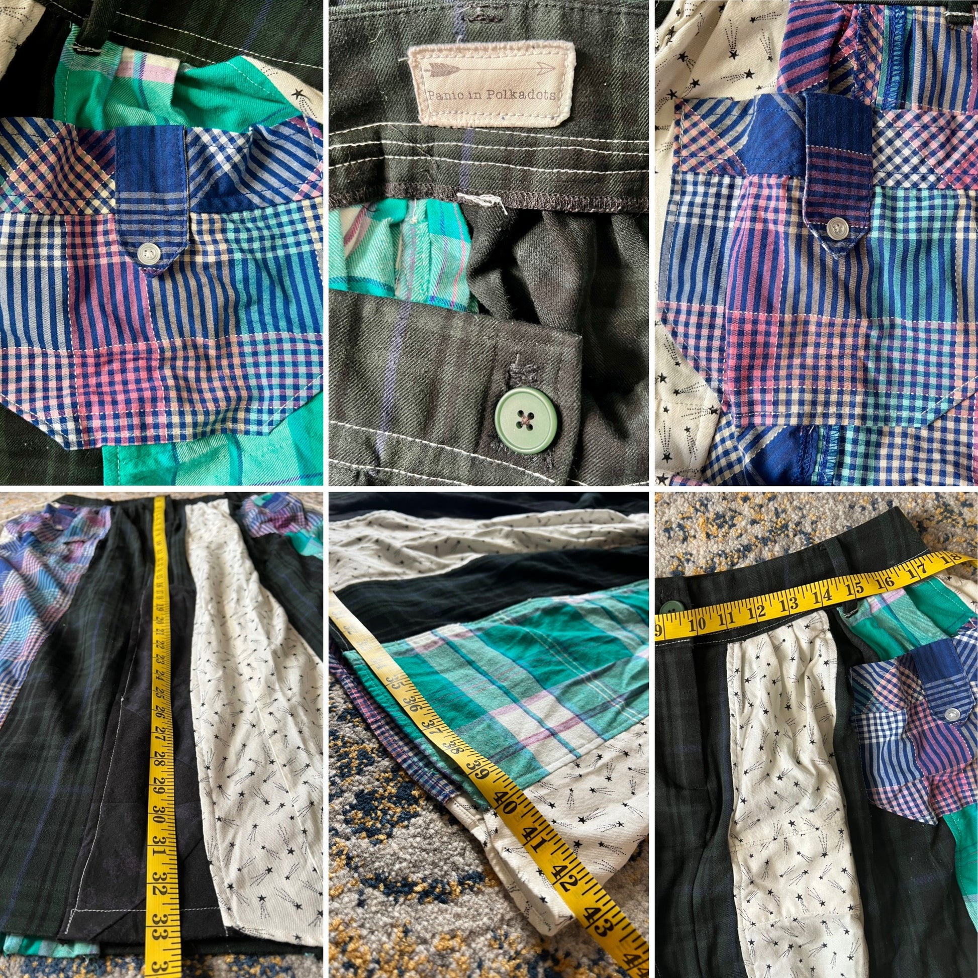 Collage of fabric swatches with different patterns and textures, including plaid and checkered designs.