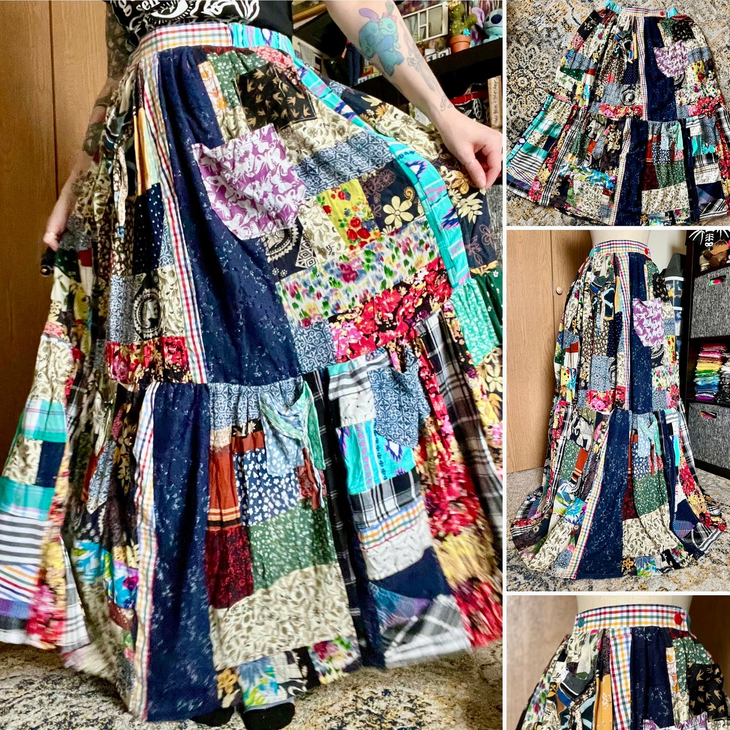 Collage of a colorful patchwork skirt with close-up shots.