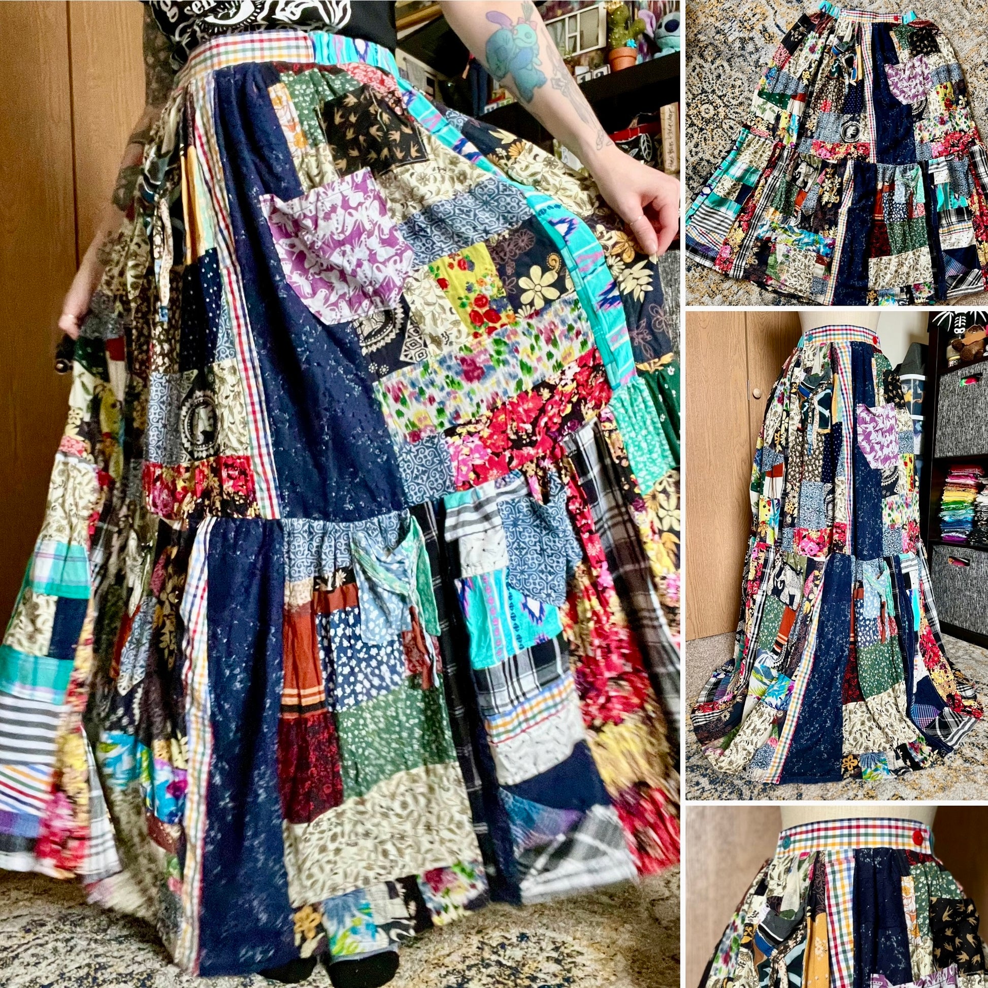 Collage of a colorful patchwork skirt with close-up shots.