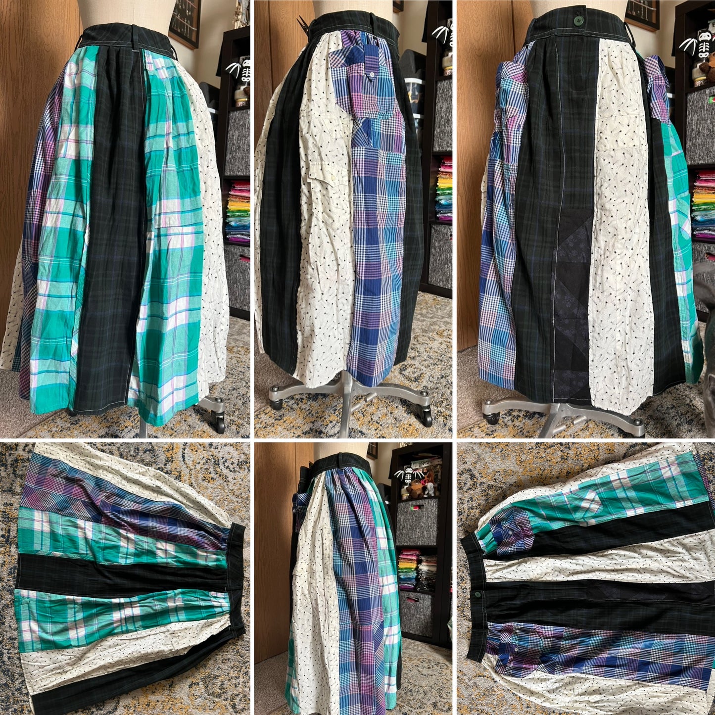 Collage of a skirt with plaid, lace, and solid fabric sections on a mannequin.