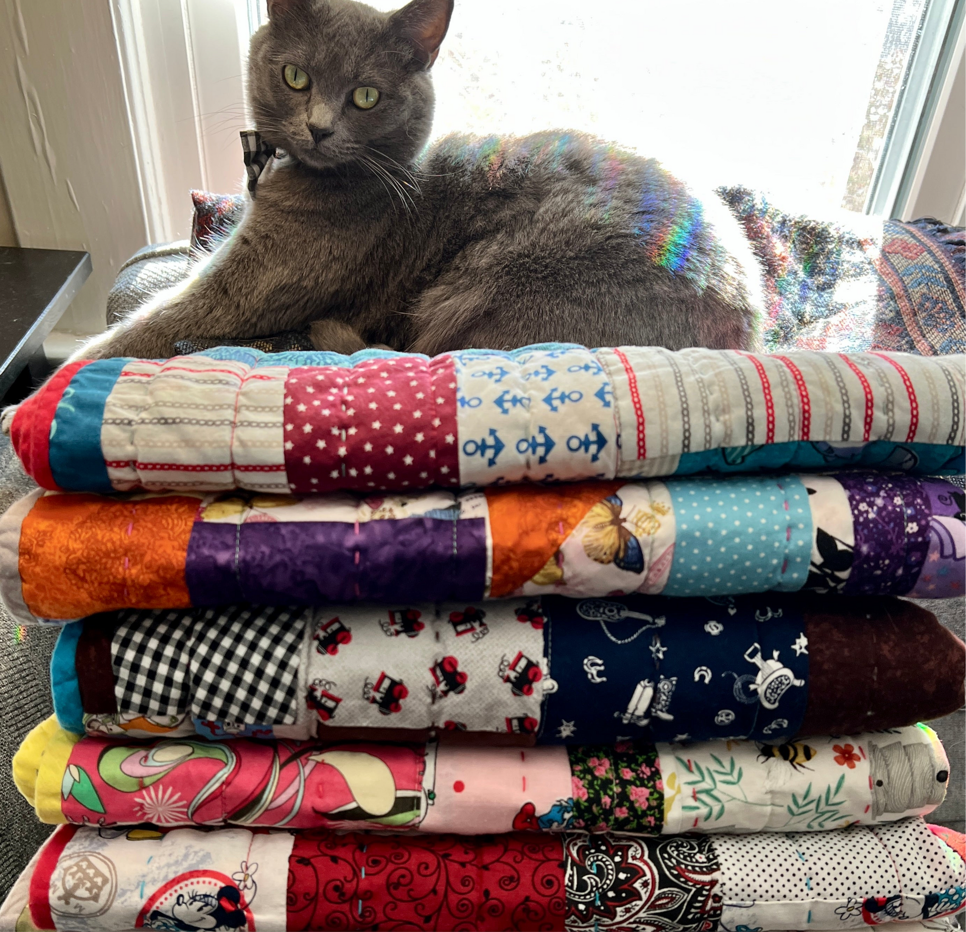 A stack of baby or pet quilts, baby lady approves