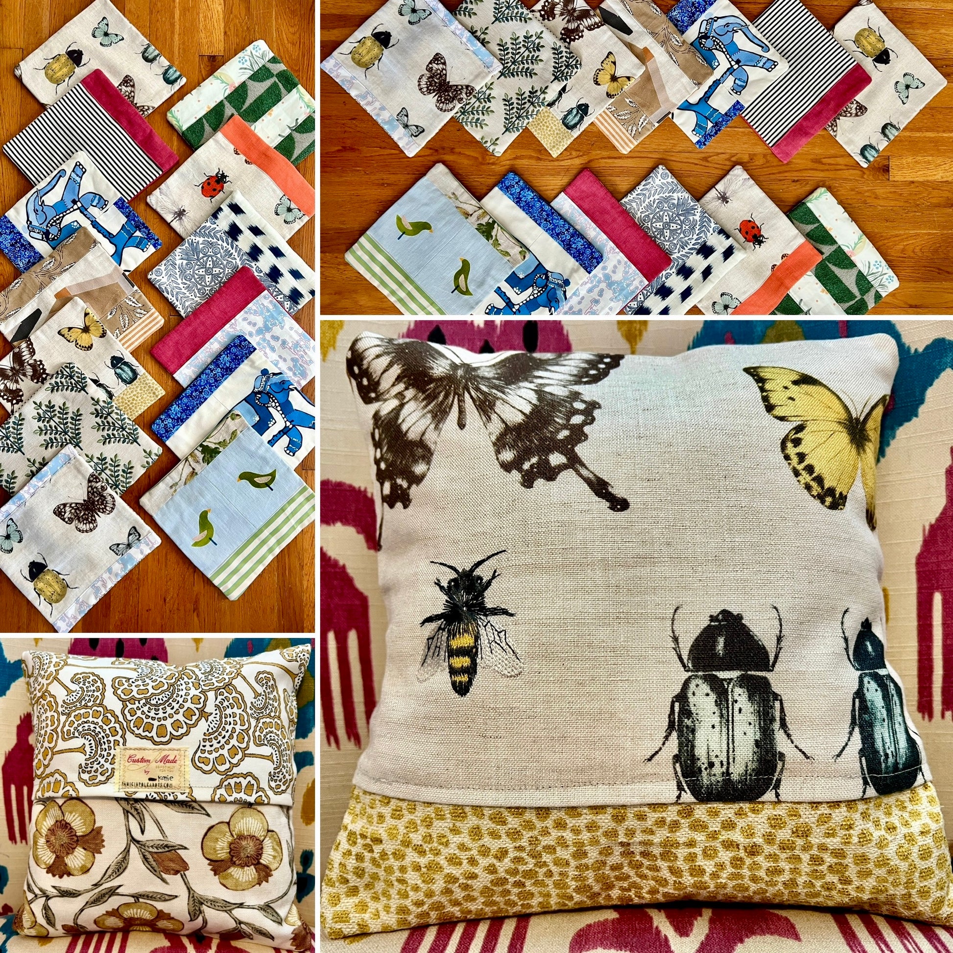Collage of various decorative pillow covers on a wooden surface, front and back views of one cover on a pillow form.