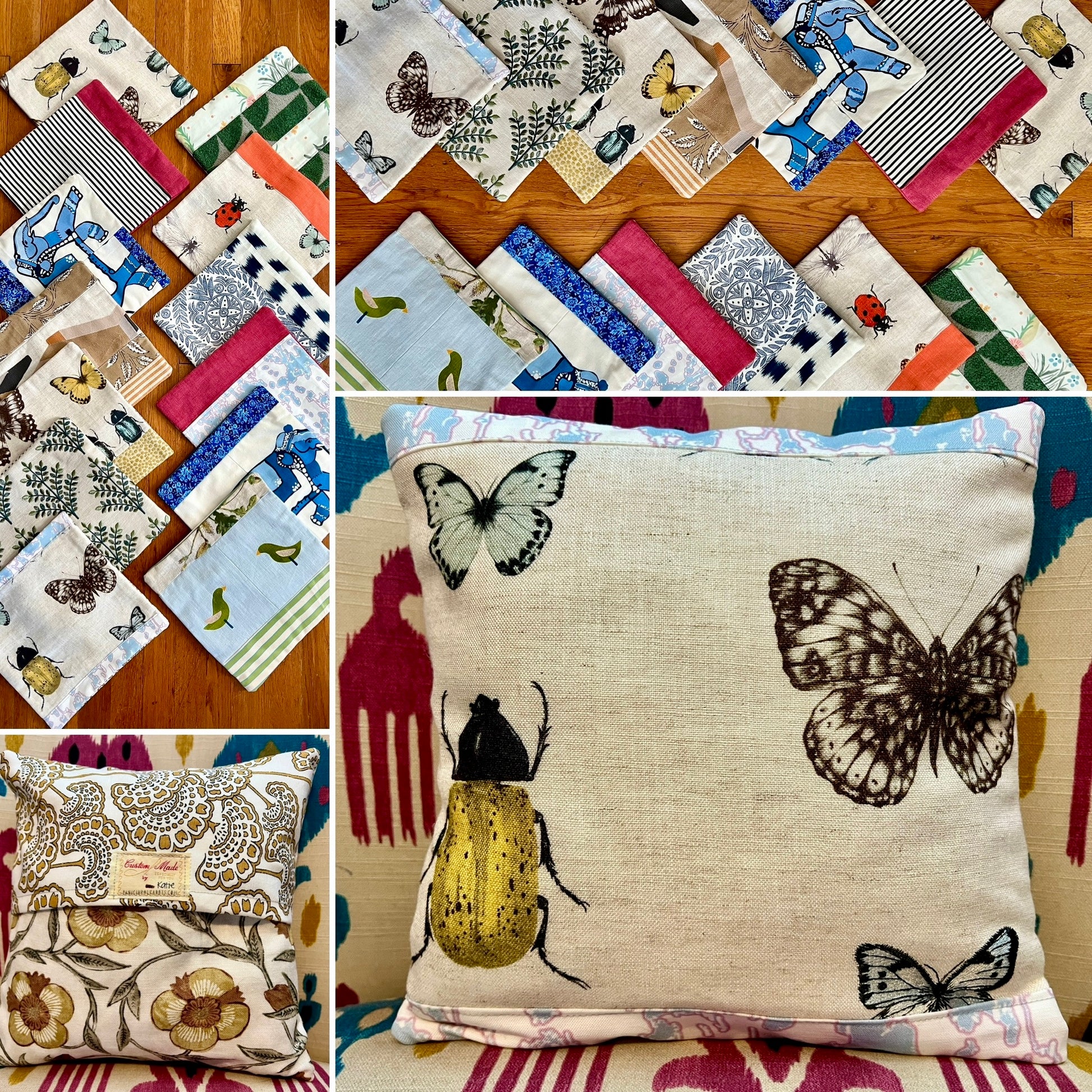 Collage of various decorative pillow covers on a wooden surface, front and back views of one cover on a pillow form.