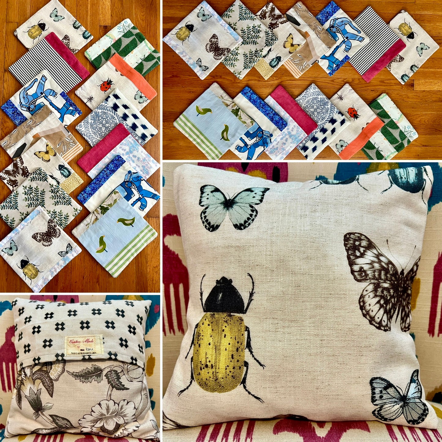Collage of various decorative pillow covers on a wooden surface, front and back views of one cover on a pillow form.
