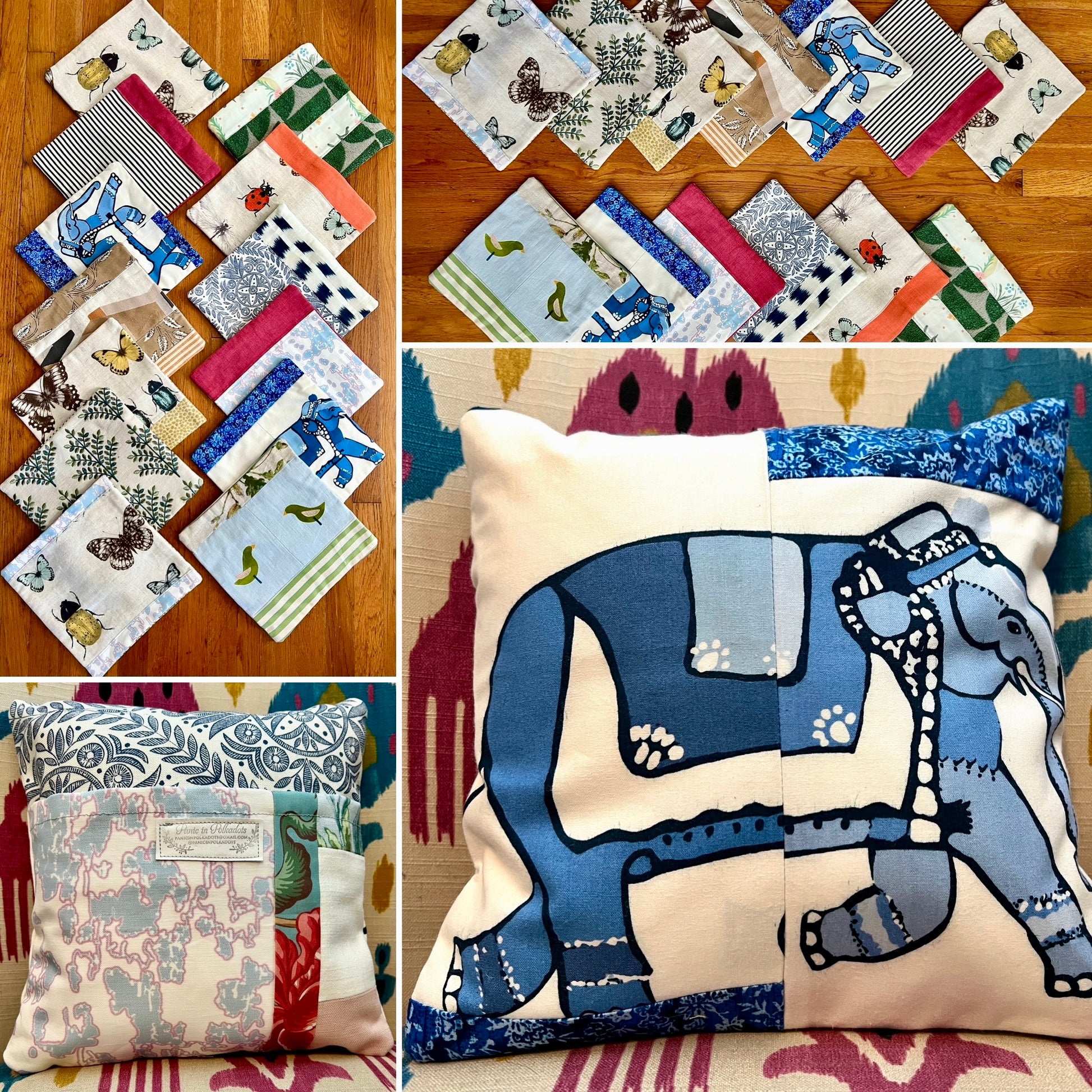 Collage of various decorative pillow covers on a wooden surface, front and back views of one cover on a pillow form.