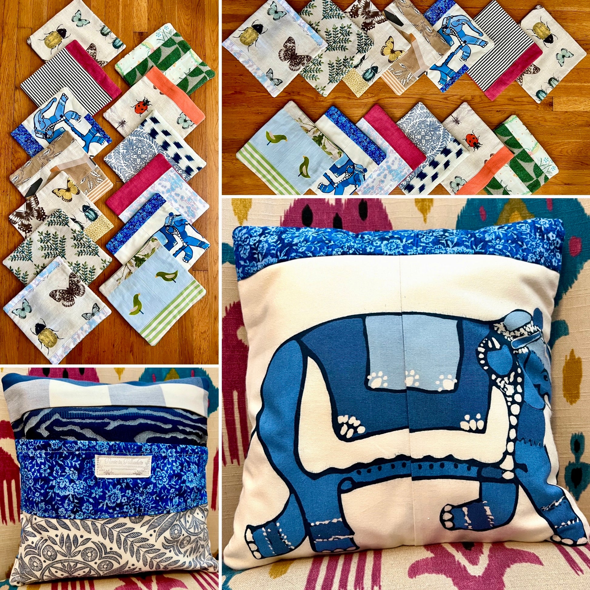 Collage of various decorative pillow covers on a wooden surface, front and back views of one cover on a pillow form.