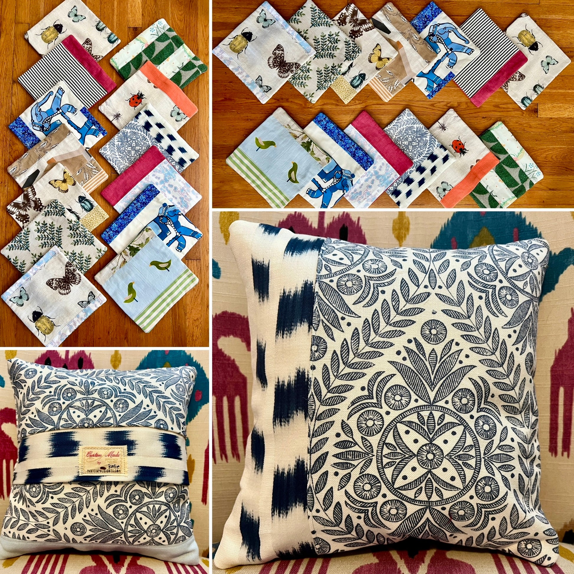 Collage of various decorative pillow covers on a wooden surface, front and back views of one cover on a pillow form.