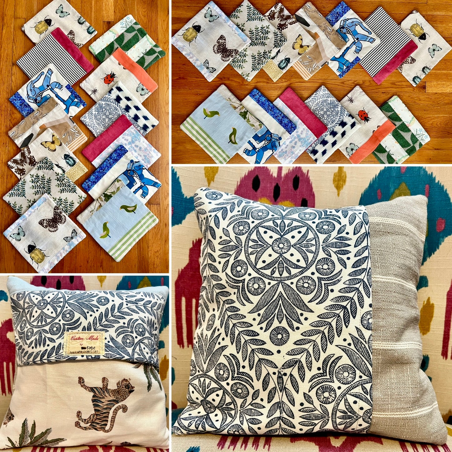 Collage of various decorative pillow covers on a wooden surface, front and back views of one cover on a pillow form.