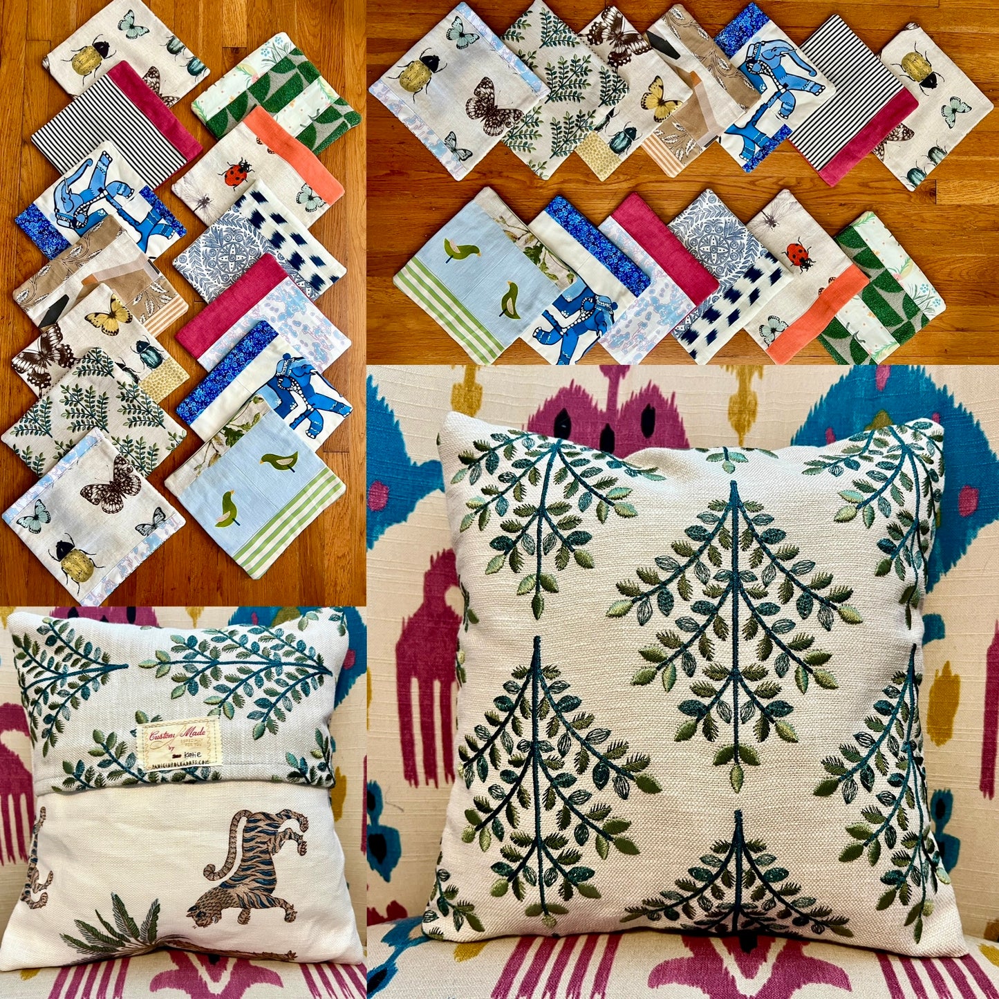 Collage of various decorative pillow covers on a wooden surface, front and back views of one cover on a pillow form.