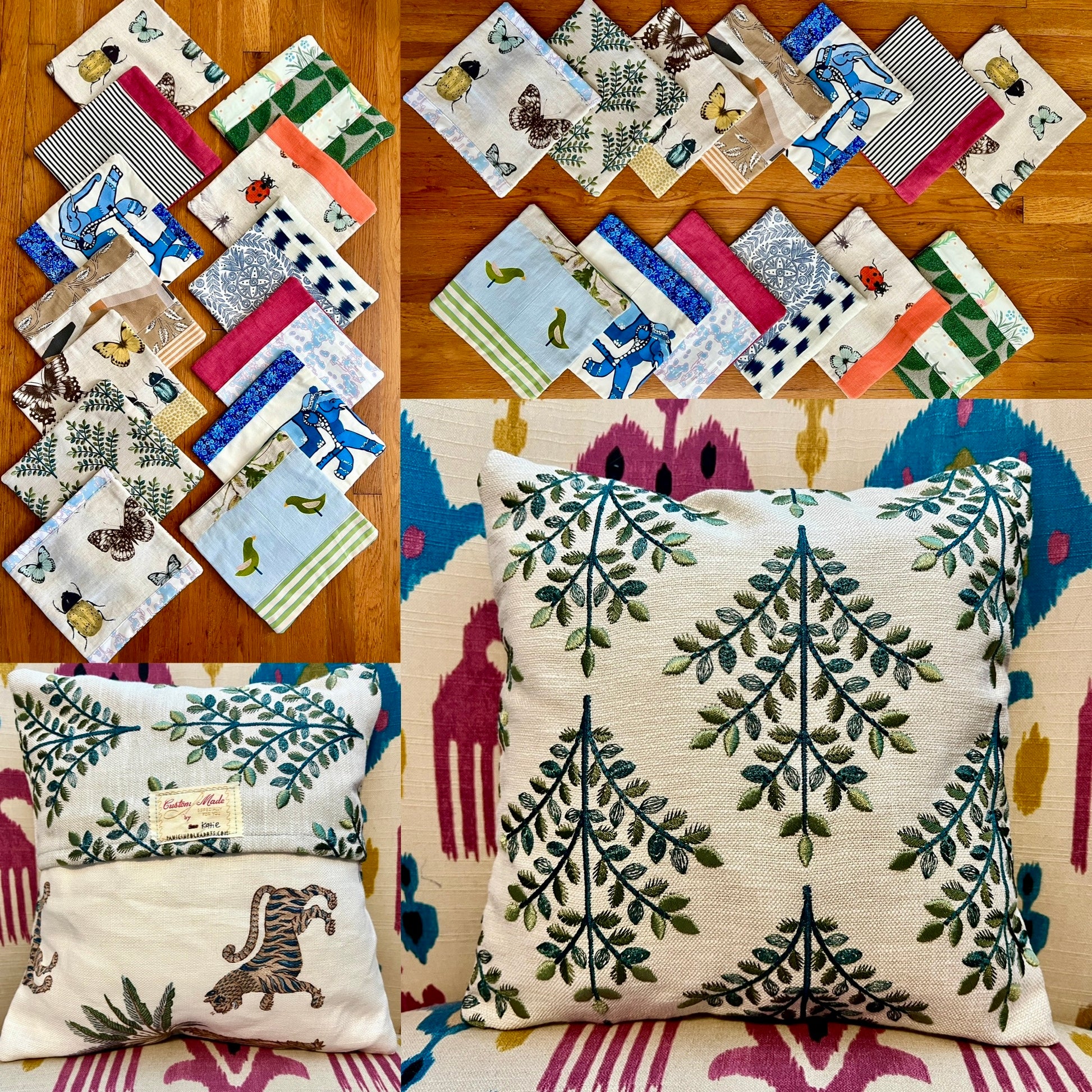 Collage of various decorative pillow covers on a wooden surface, front and back views of one cover on a pillow form.
