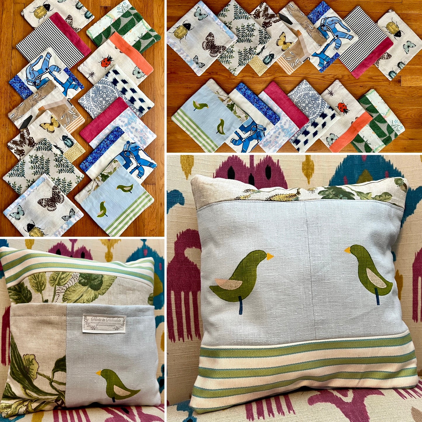 Collage of various decorative pillow covers on a wooden surface, front and back views of one cover on a pillow form.