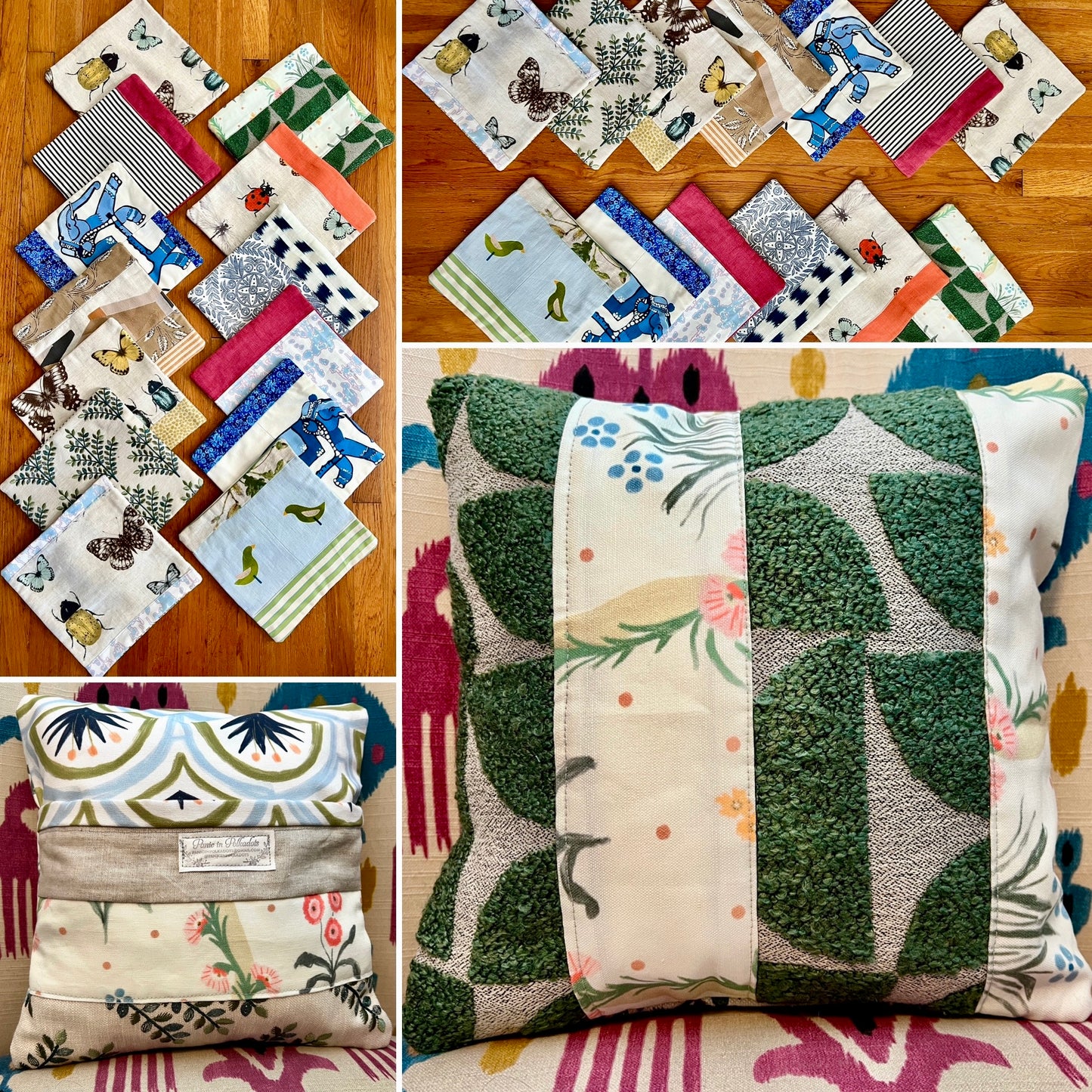 Collage of various decorative pillow covers on a wooden surface, front and back views of one cover on a pillow form.