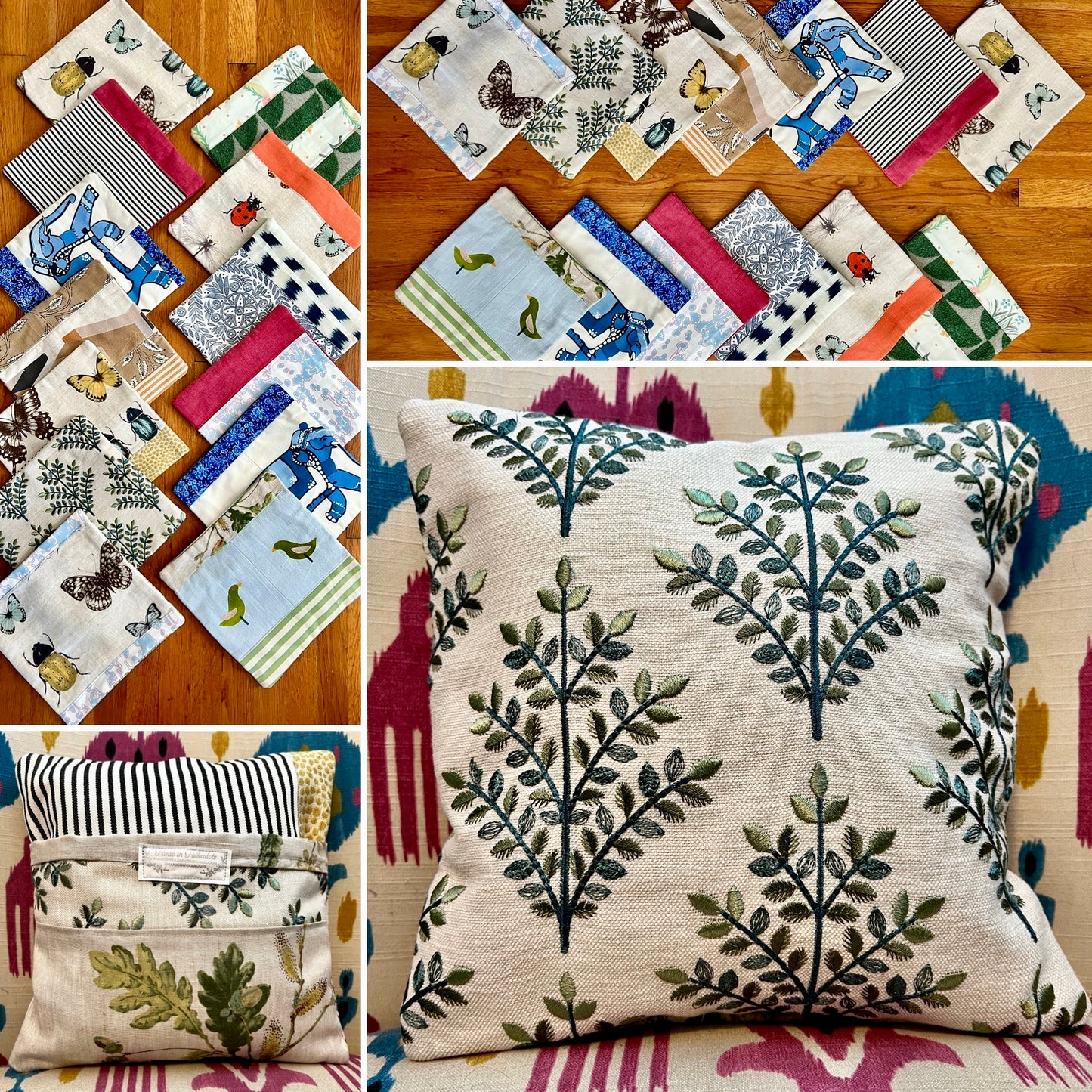 Collage of various decorative pillow covers on a wooden surface, front and back views of one cover on a pillow form.