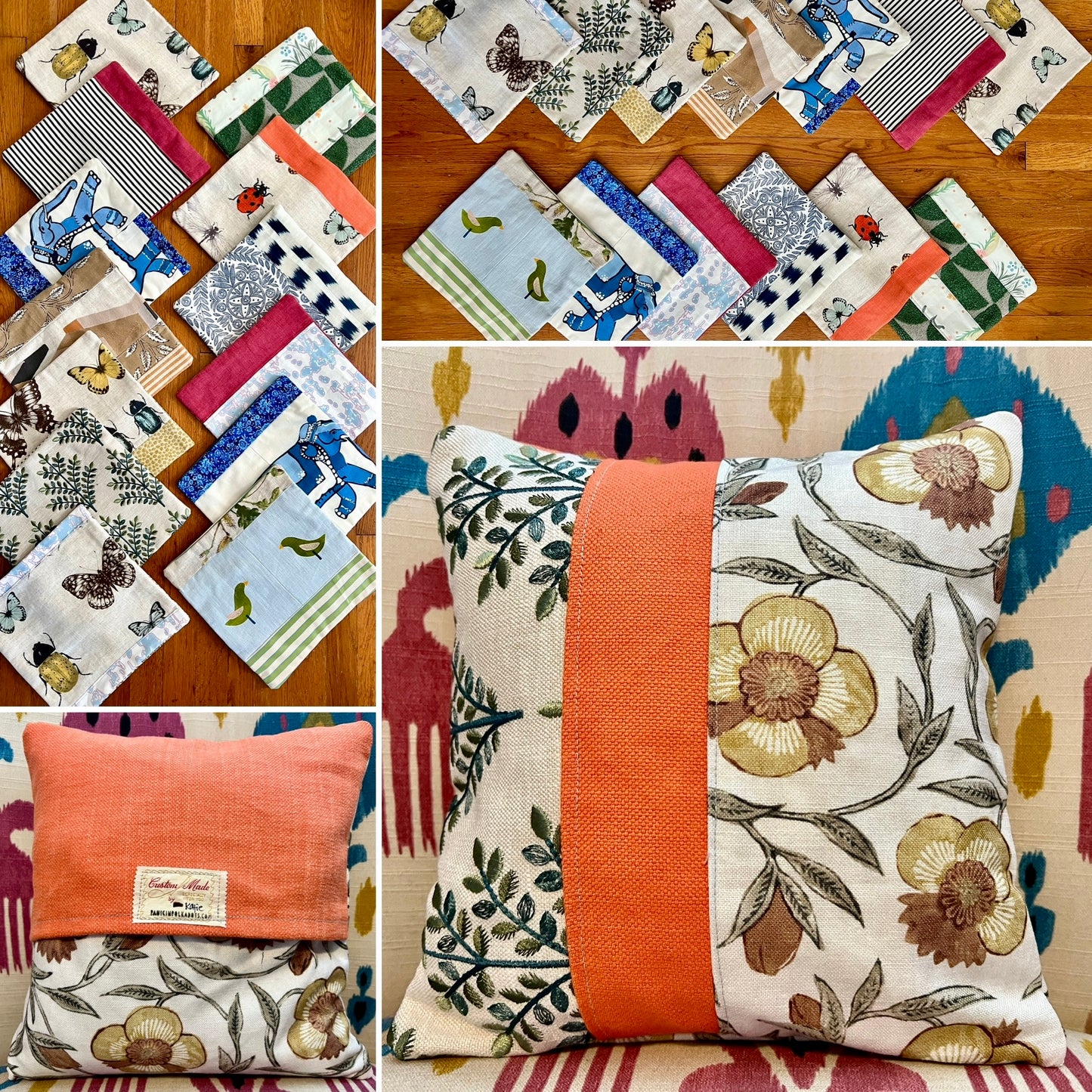 Collage of various decorative pillow covers on a wooden surface, front and back views of one cover on a pillow form.