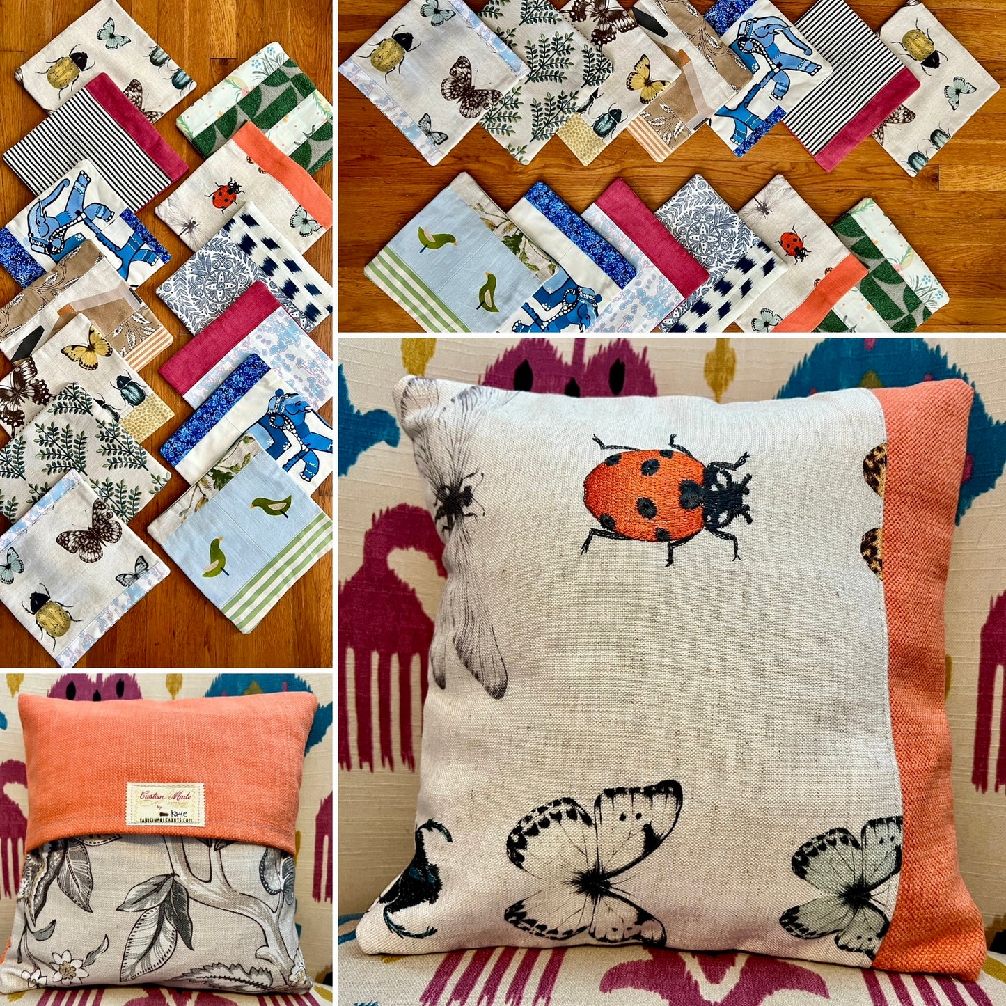 Collage of various decorative pillow covers on a wooden surface, front and back views of one cover on a pillow form.