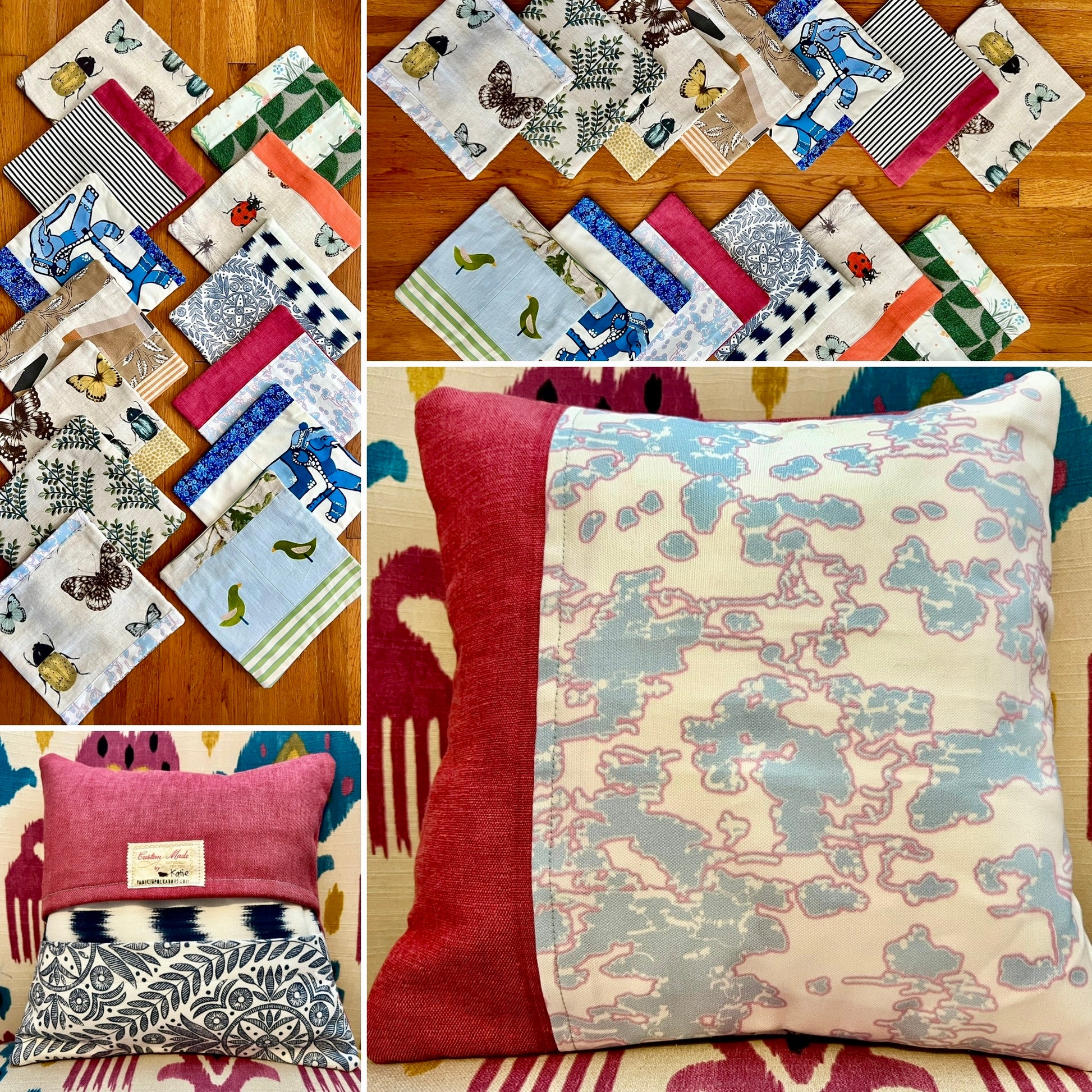 Collage of various decorative pillow covers on a wooden surface, front and back views of one cover on a pillow form.