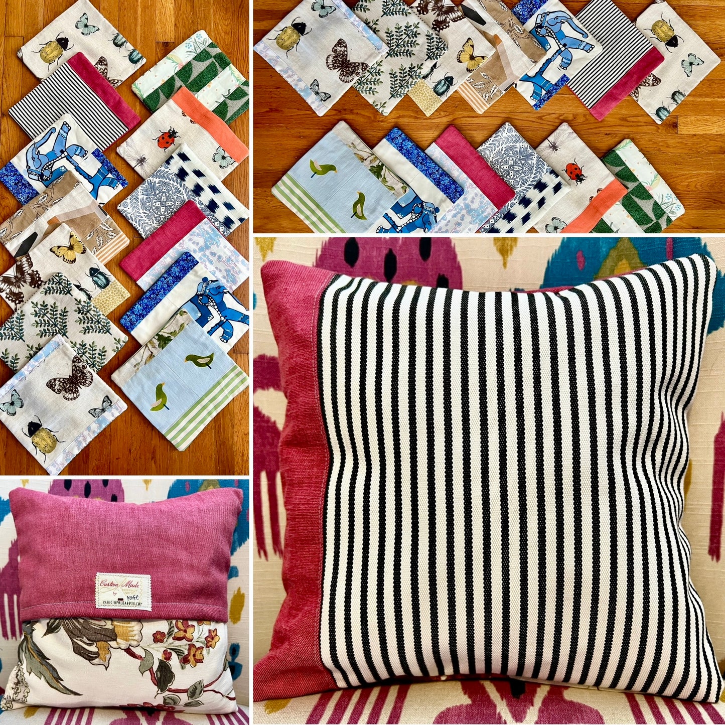 Collage of various decorative pillow covers on a wooden surface, front and back views of one cover on a pillow form.