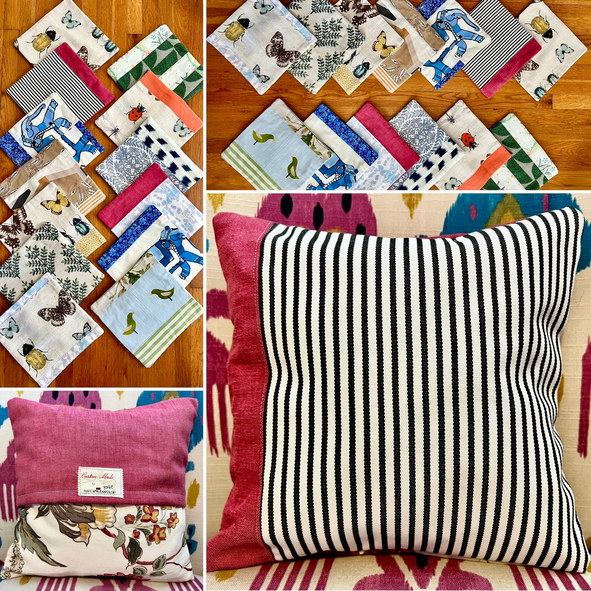 Collage of various decorative pillow covers on a wooden surface, front and back views of one cover on a pillow form.