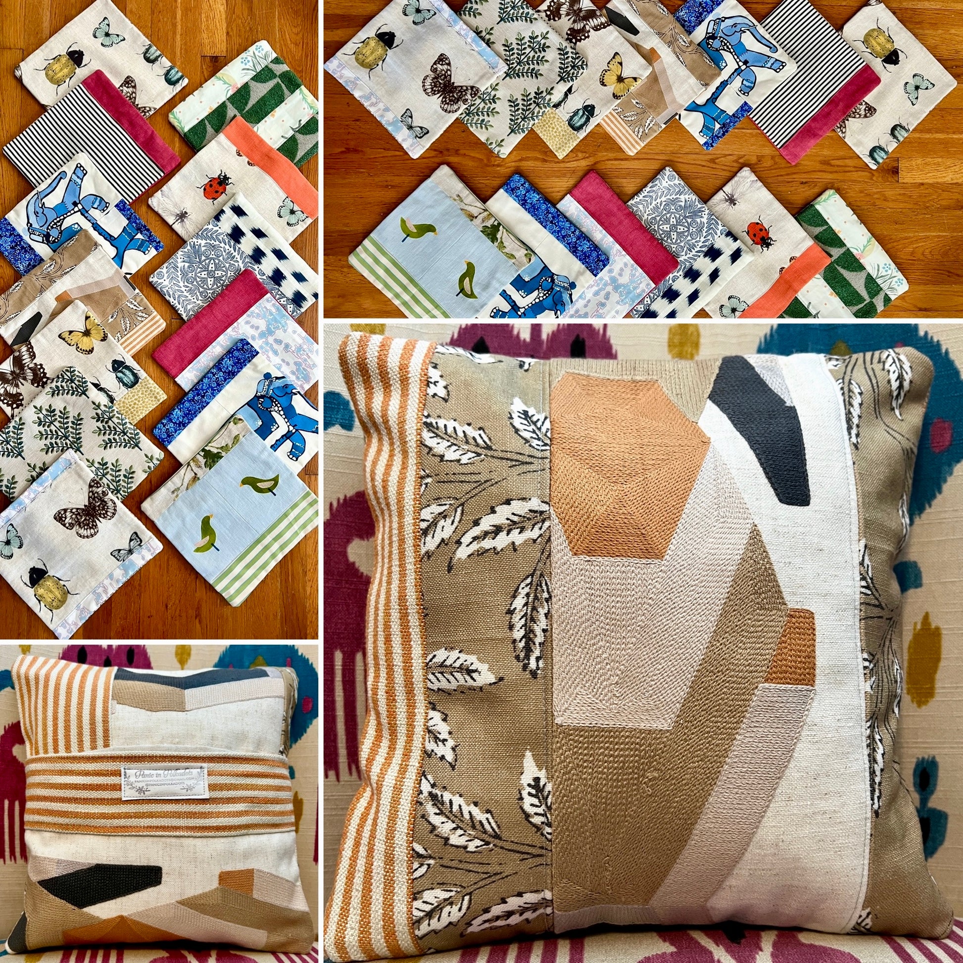 Collage of various decorative pillow covers on a wooden surface, front and back views of one cover on a pillow form.