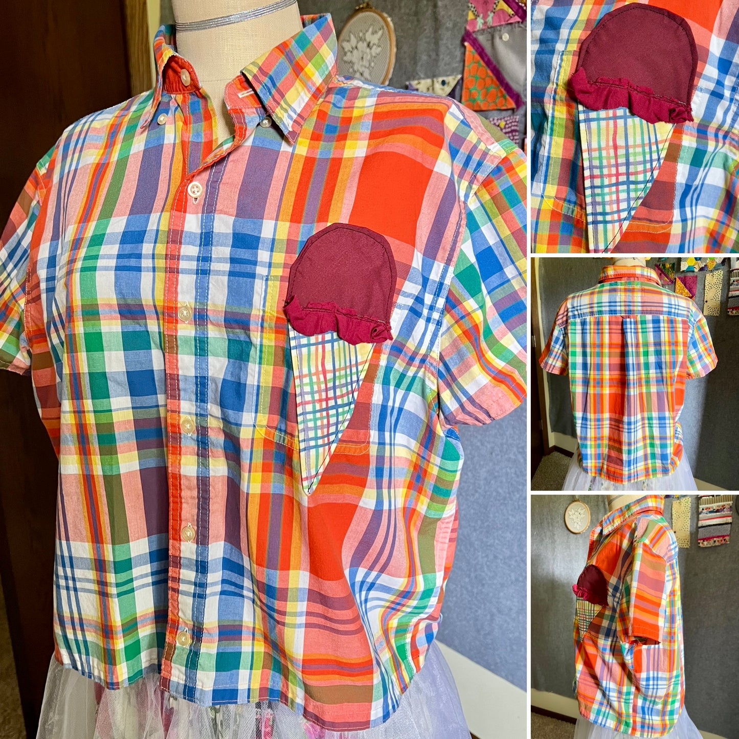 A multicolor plaid short-sleeve button-up shirt displayed on a mannequin, with three inset detail views showing the pocket, front, and back. The shirt features a vibrant plaid pattern of orange, blue, green, pink, and white, with a burgundy ice cream pocket accent.