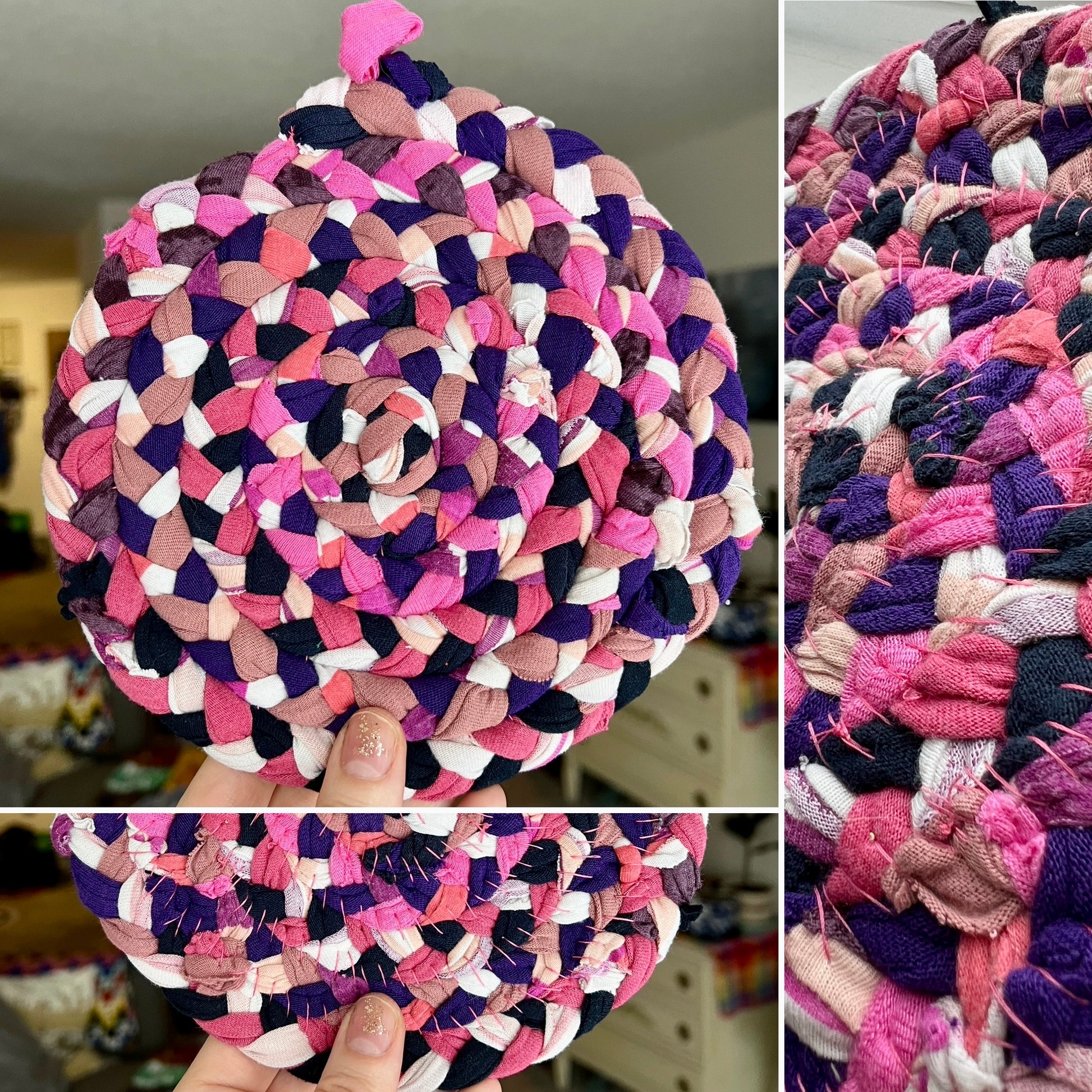 Multicolored braided trivet potholder held by a hand with close-up details.