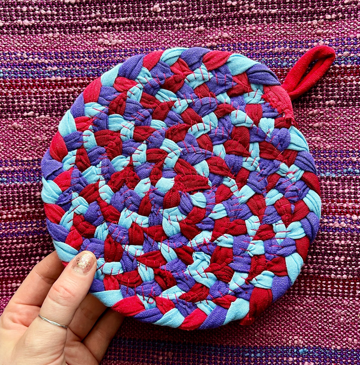Potholder single red blue turquoise