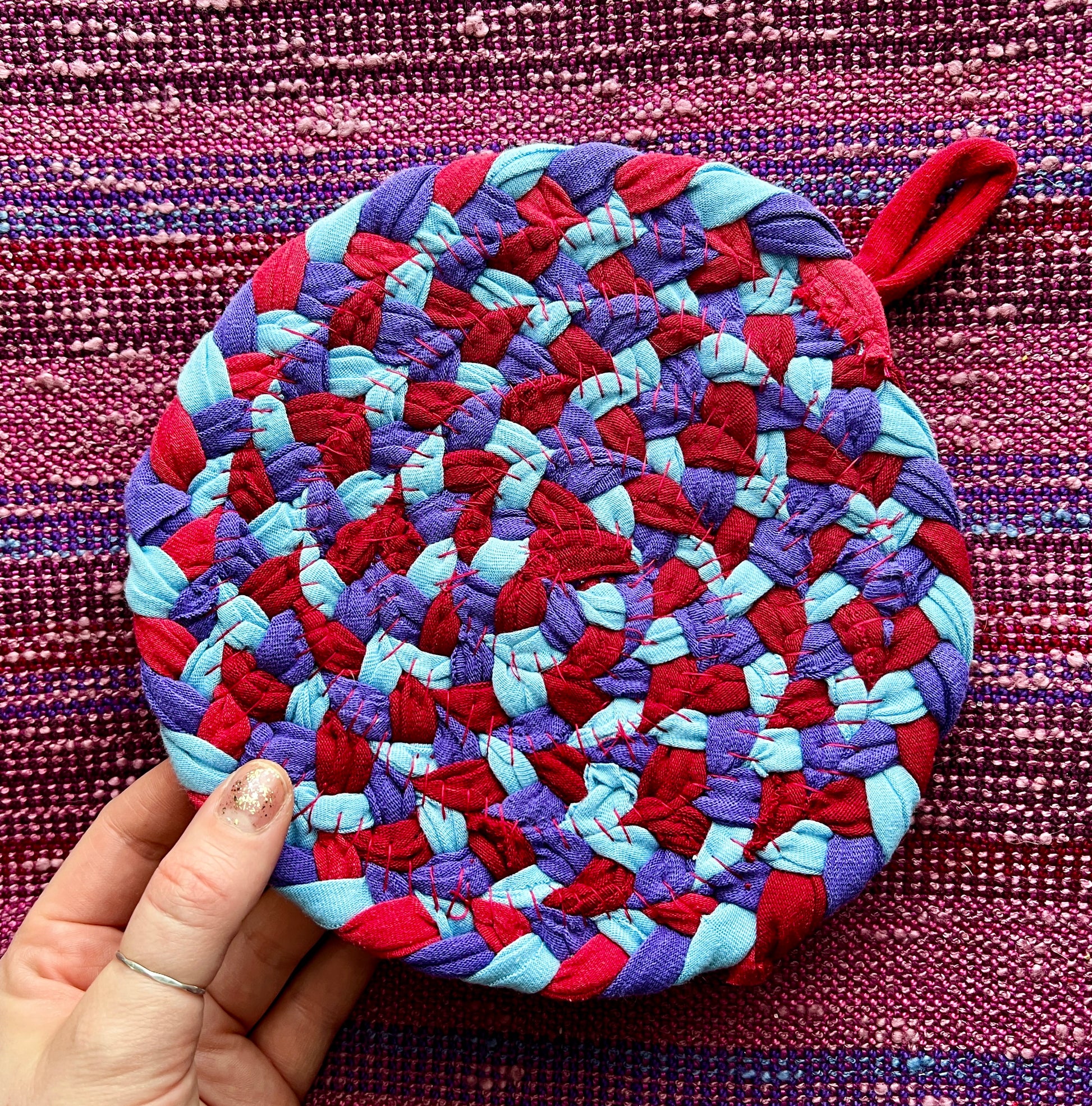 Potholder single red blue turquoise