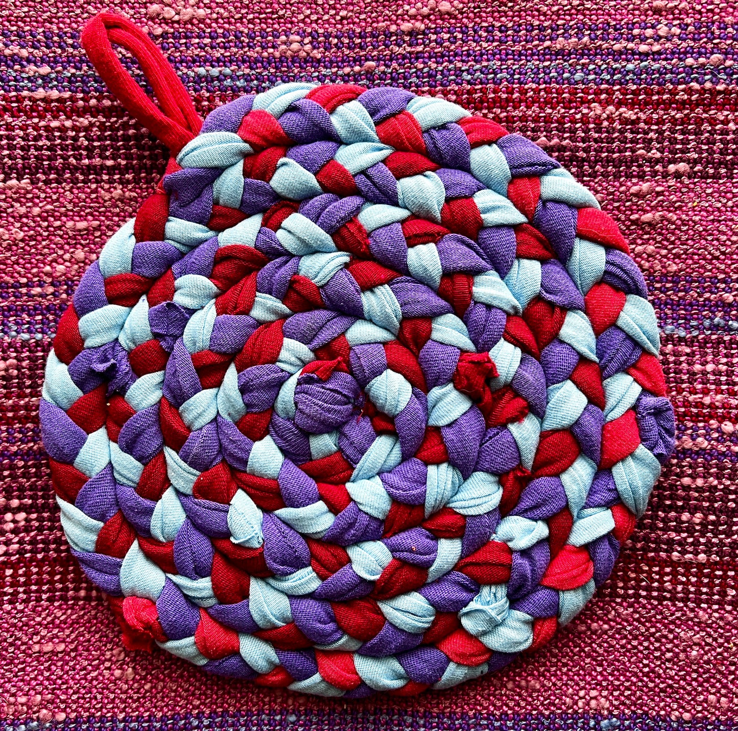 Potholder single red blue turquoise