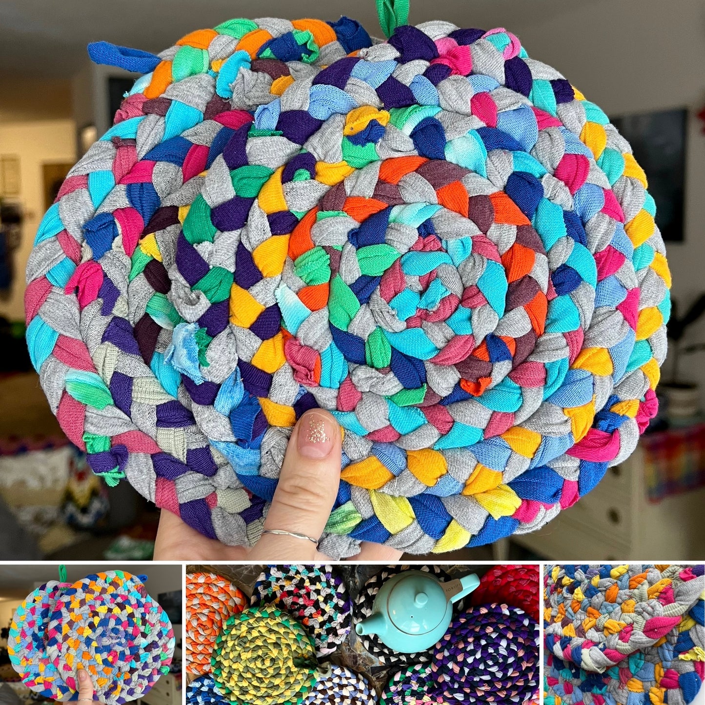Colorful braided potholder held by a hand with a blurred indoor background