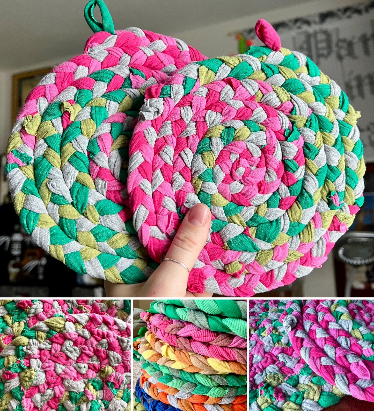 Colorful braided trivet with a hand holding it, surrounded by close-up shots of the trivet.