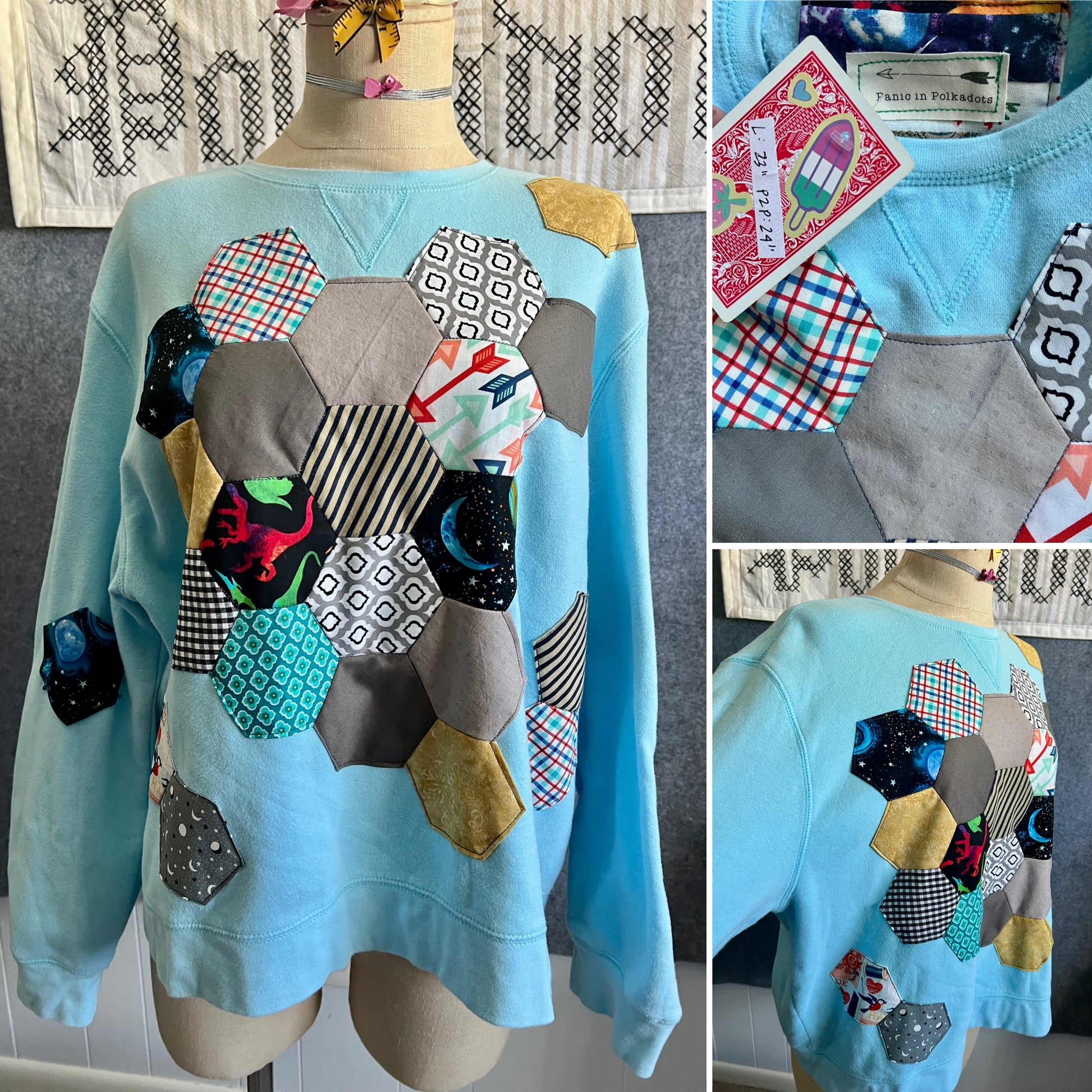 Sweatshirt with quilty design, in a photo grid showing front and side angles