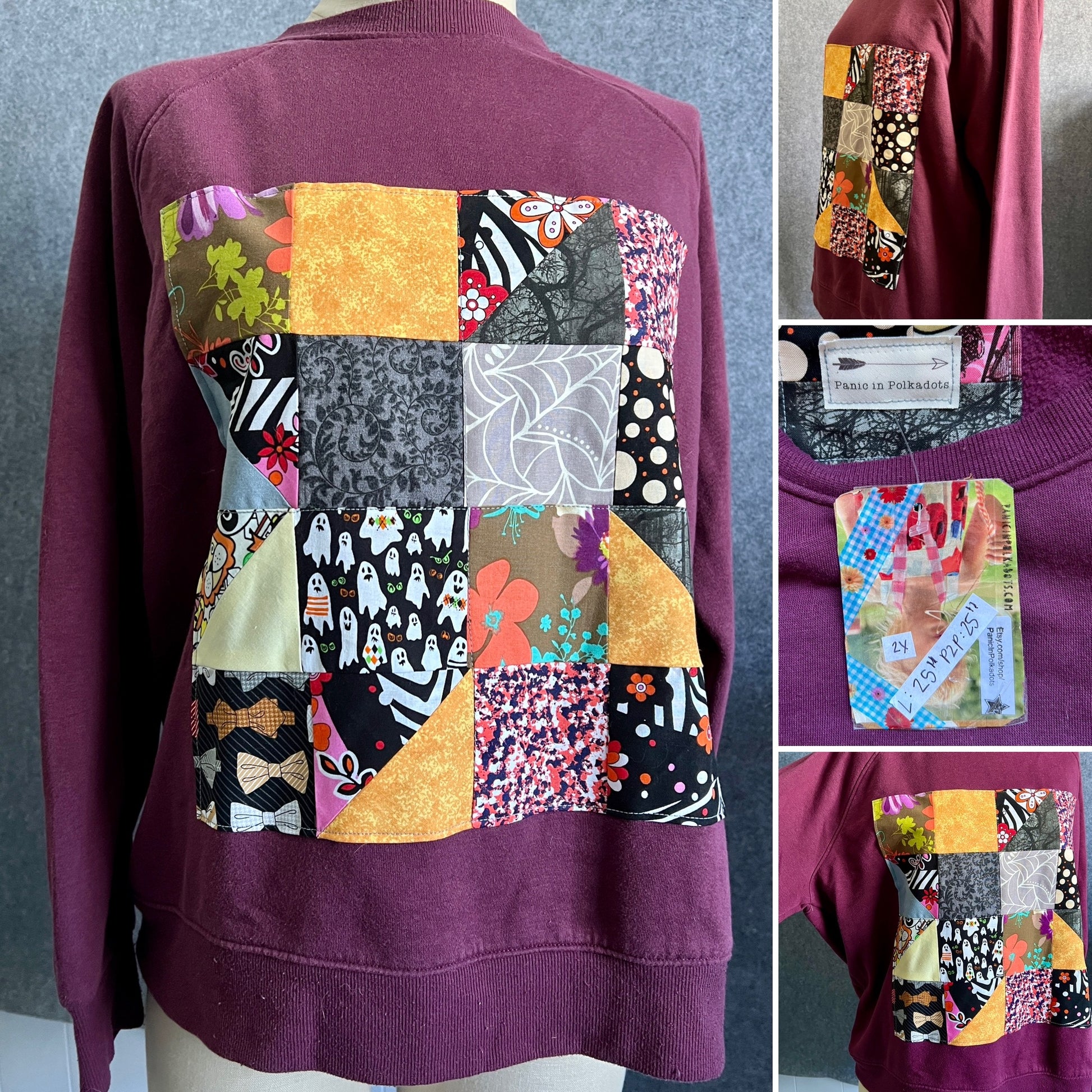 Quilty sweatshirt 2XL maroon halloween crew, photo grid showing front, closeup of tag, and sides