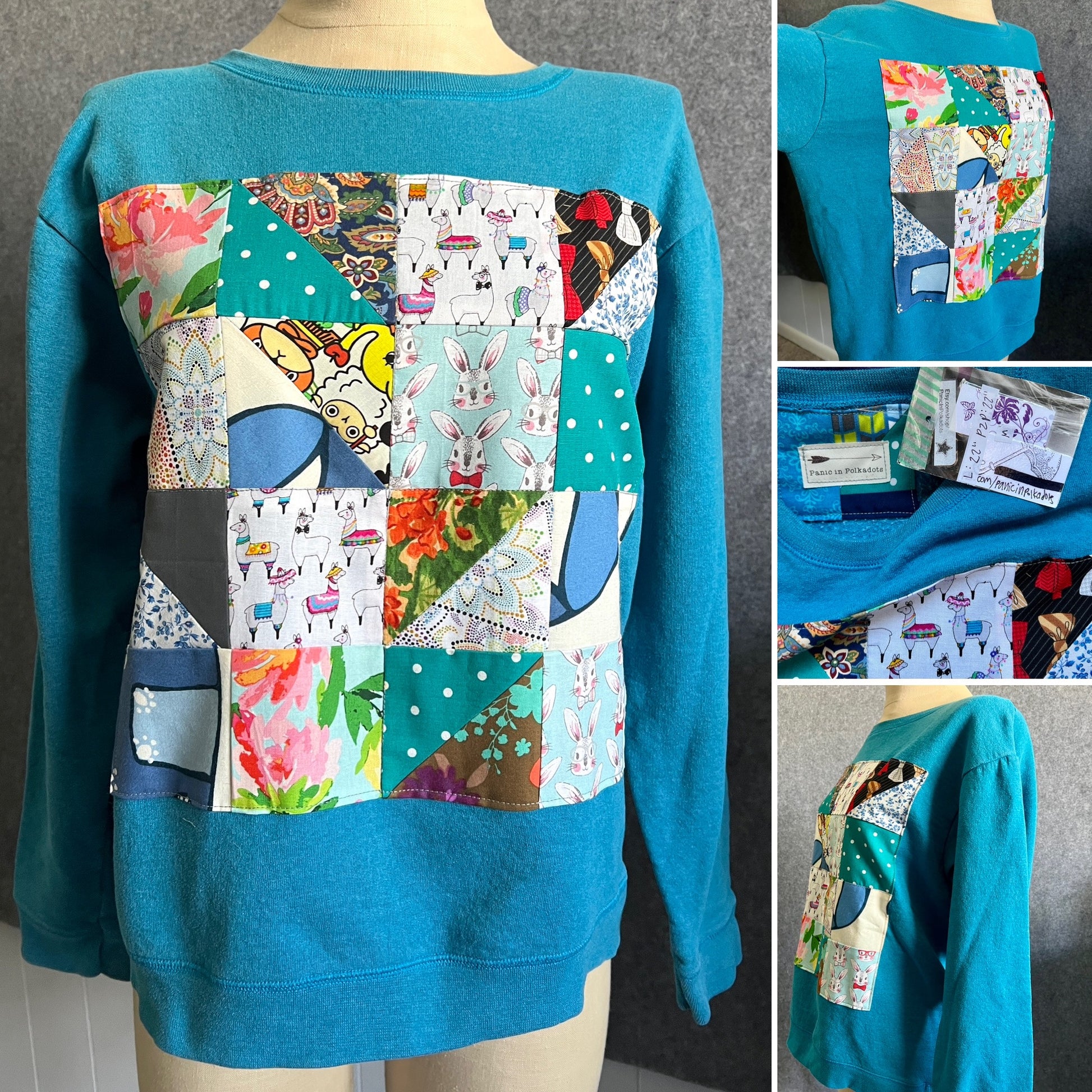 Quilty sweatshirt medium turquoise llama, photo grid showing front, closeup of tag, and sides