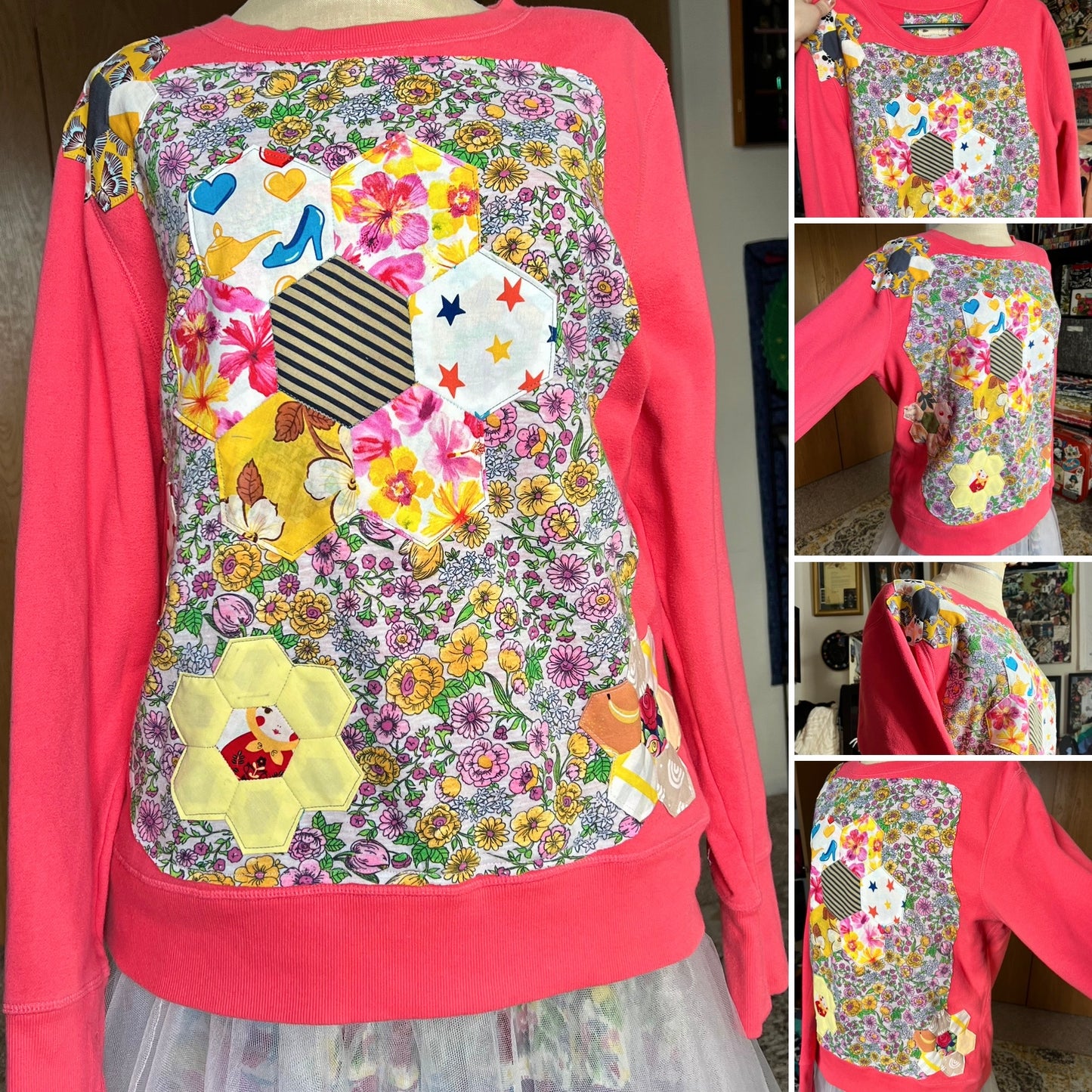 Collage of a pink sweatshirt with colorful patchwork design on a plain background
