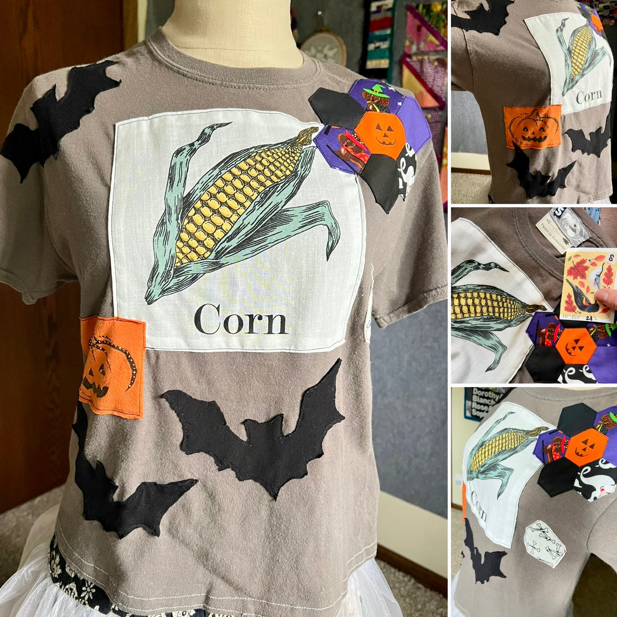 A collage showing a Halloween-themed t-shirt on a mannequin torso, with inset close-ups of the shirt details. The shirt is taupe with black bat silhouettes, a large white square patch featuring a corn graphic and the word 'Corn', orange pumpkin patches, and purple witch hats.