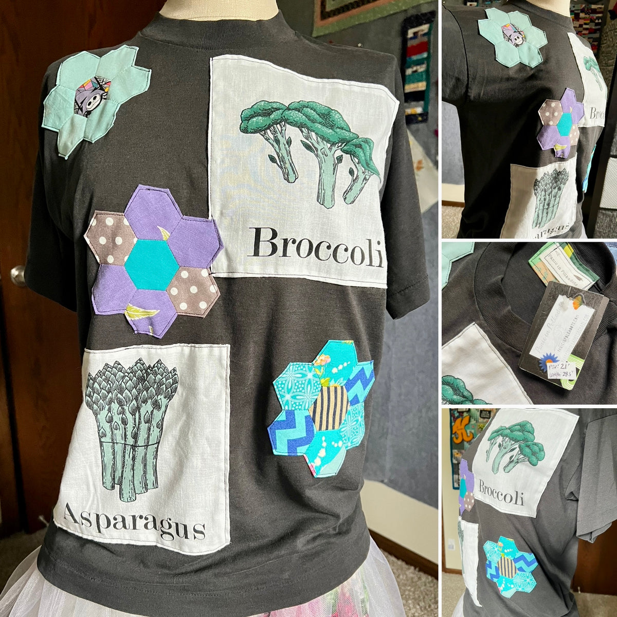 A black short-sleeve T-shirt displayed on a mannequin torso, decorated with multiple colorful patchwork fabric appliques featuring broccoli and asparagus illustrations, plus printed text patches reading 'Broccoli' and 'Asparagus'. The collage shows multiple angles of the shirt, including close-ups of the collar and back patchwork details.
