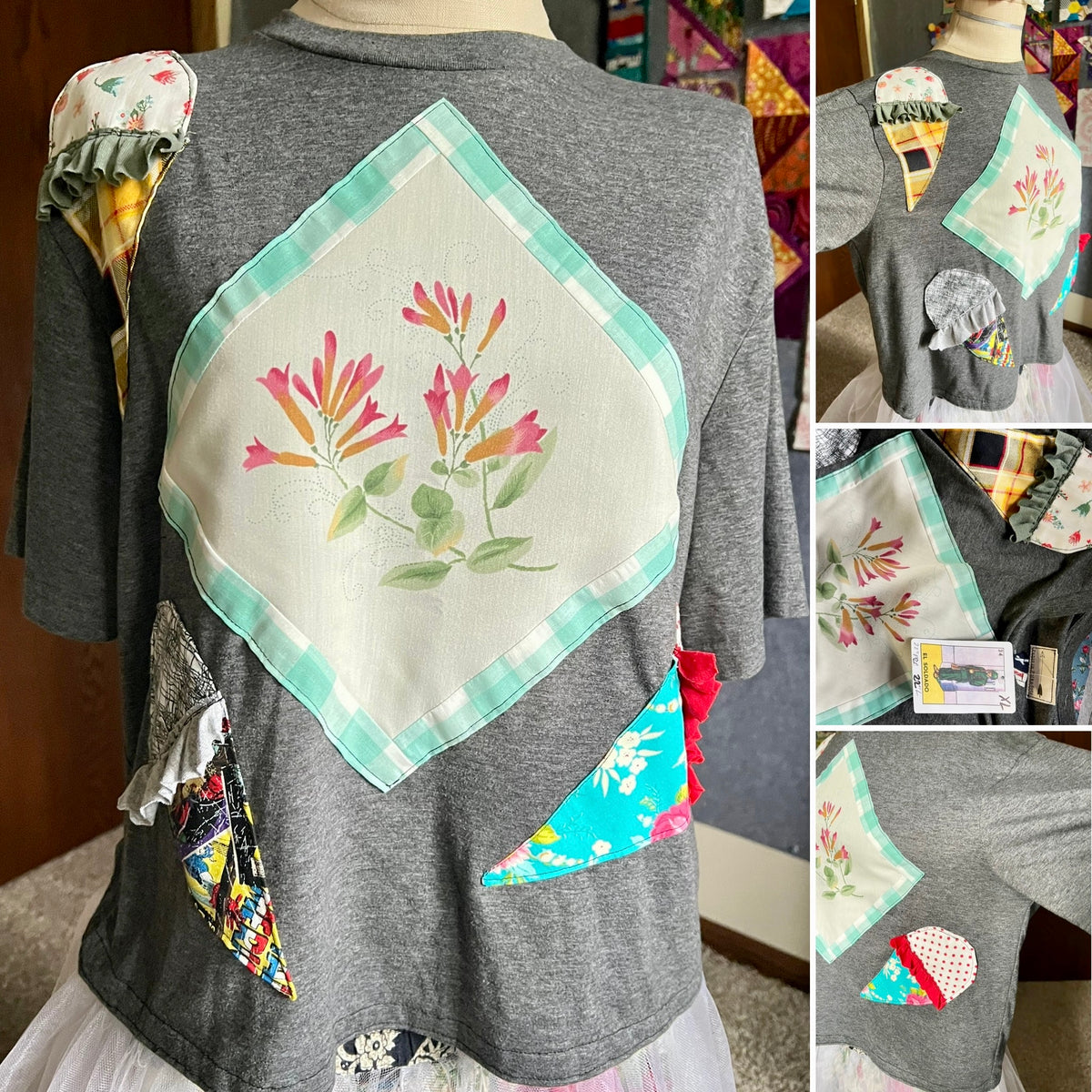 A gray short-sleeve top displayed on a mannequin, featuring a large diamond-shaped patchwork pocket on the back with a floral print, a mint plaid border, and colorful fabric accents. The collage shows multiple views of the garment and the patchwork details.