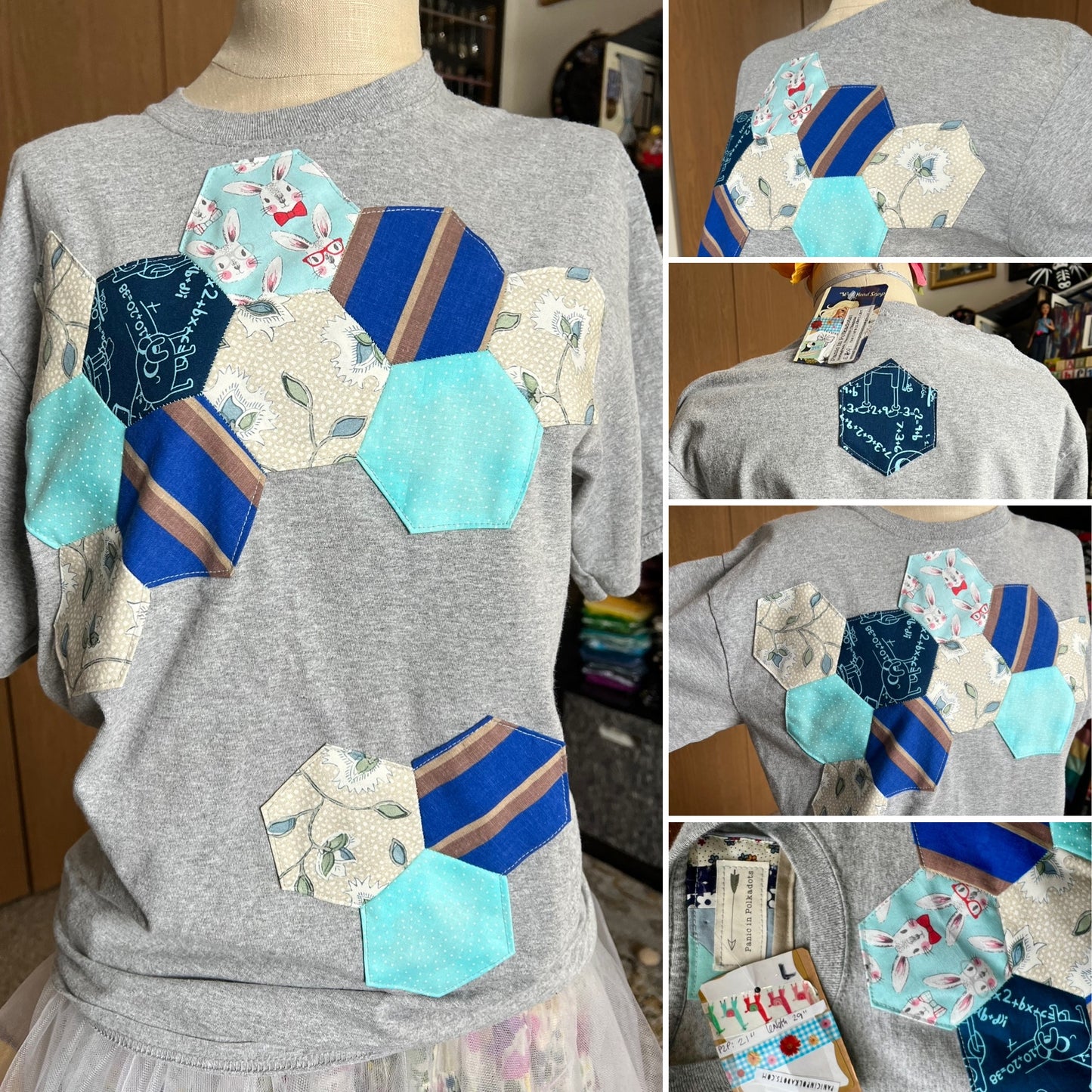 Gray tshirt with colorful geometric patches on a mannequin, surrounded by close-up shots.