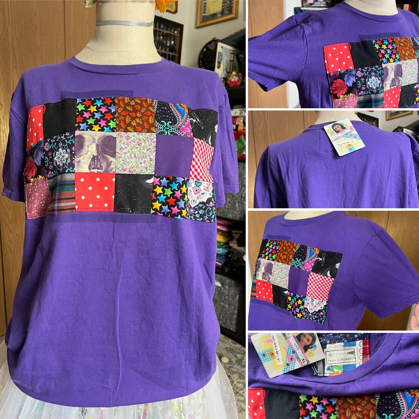 Purple t-shirt with colorful patchwork design on a mannequin, surrounded by close-up shots.